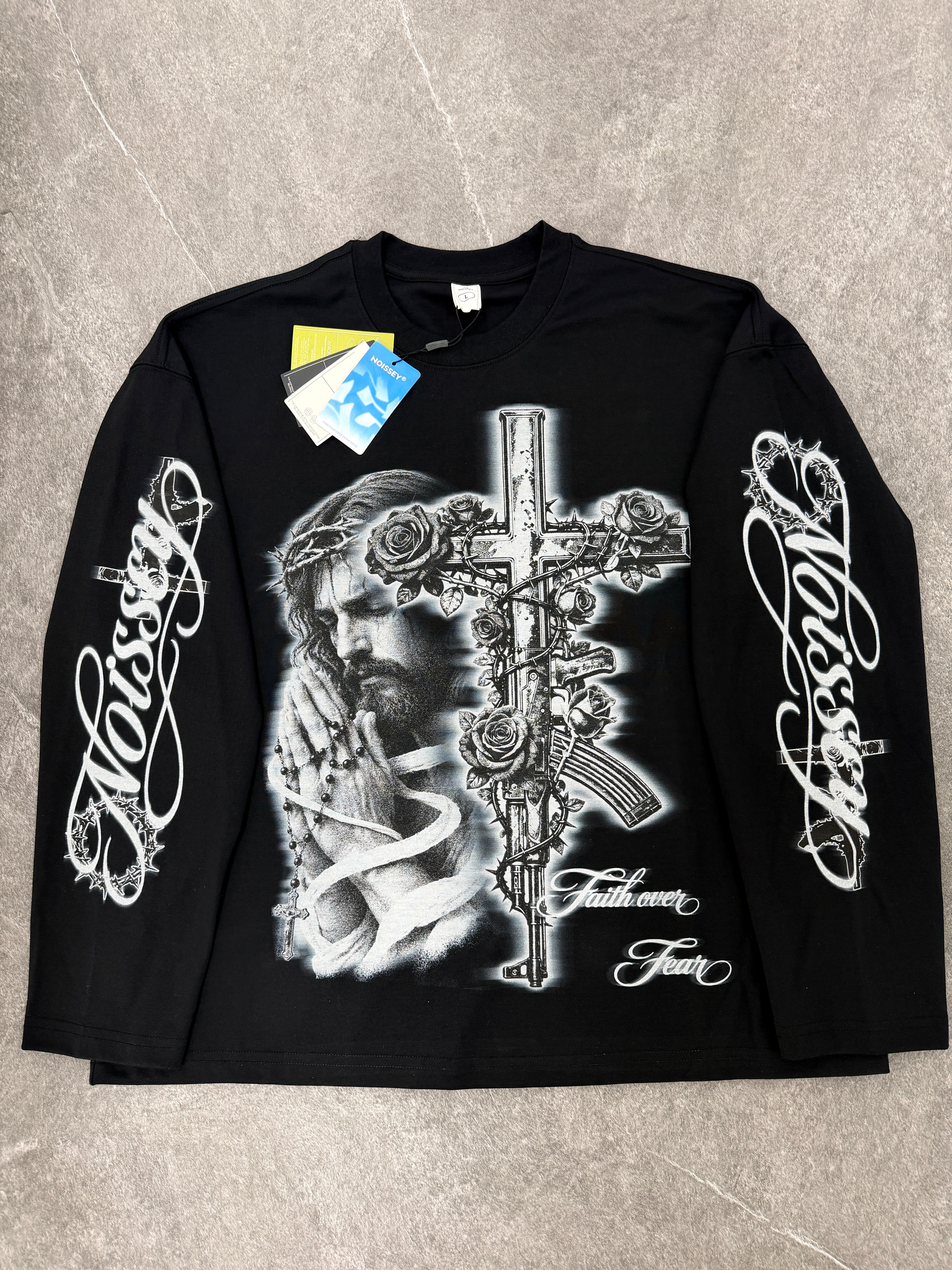 NOISSEY "Faith Over Fear" Praying Jesus &amp; Rose-Entwined AK-Cross Black Long Sleeve Tee