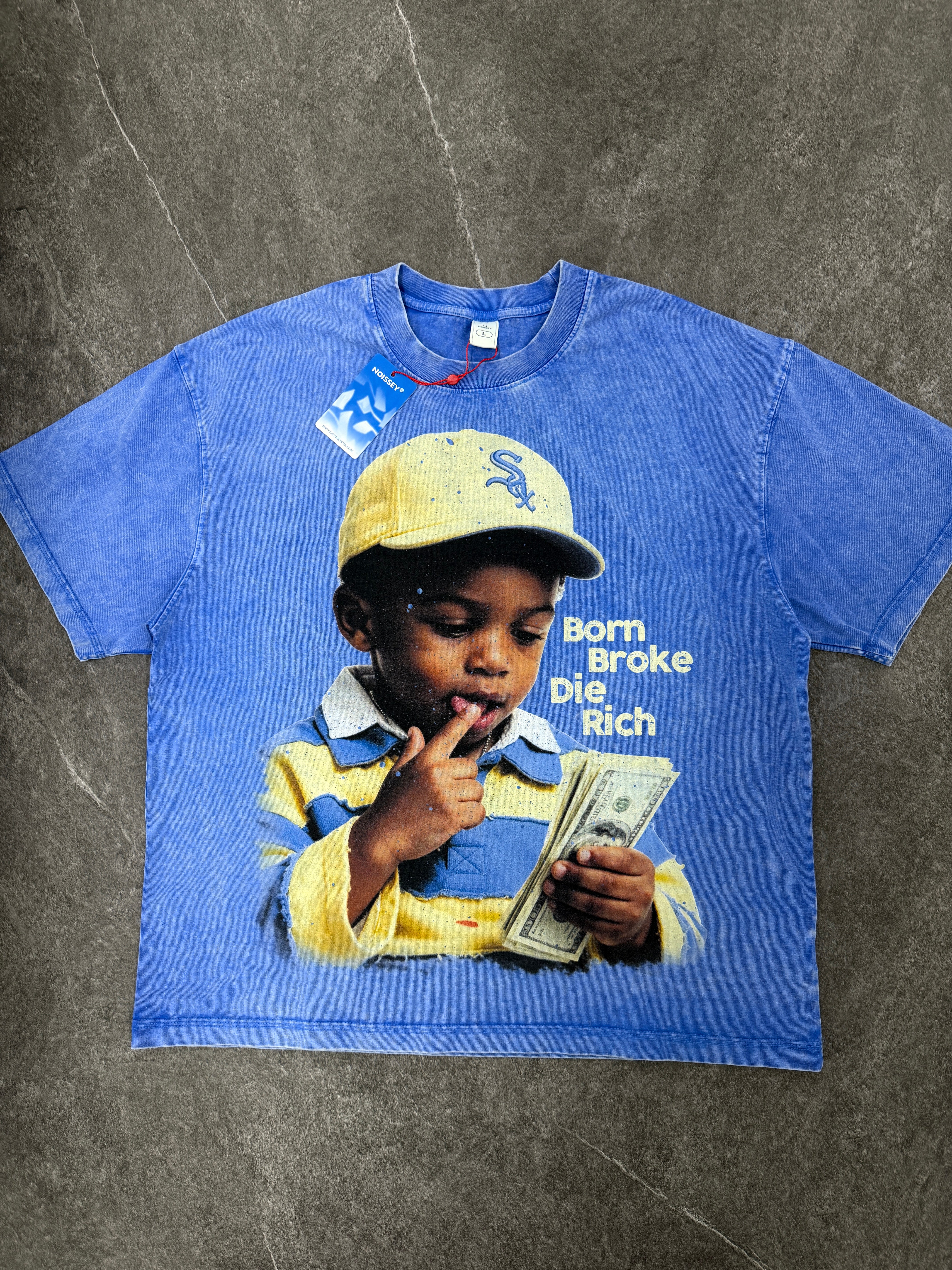 NOISSEY "Born Broke Die Rich" Yellow Cap Kid Graphic Acid-Washed Blue T-Shirt