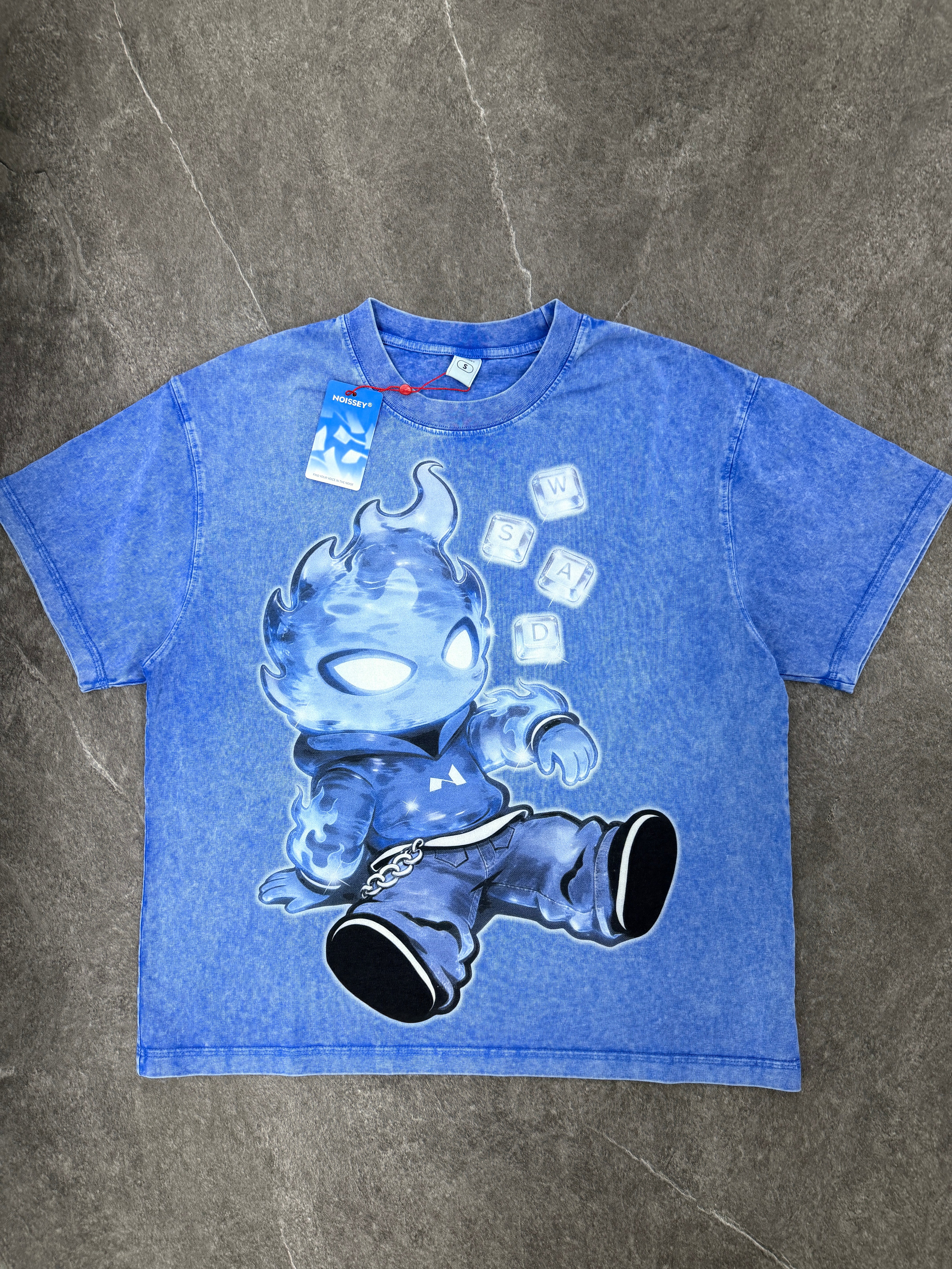 NOISSEY Blue Flame Flameboy IP & WASD Ice Cube Keys Graphic Acid-Washed Blue T-Shirt