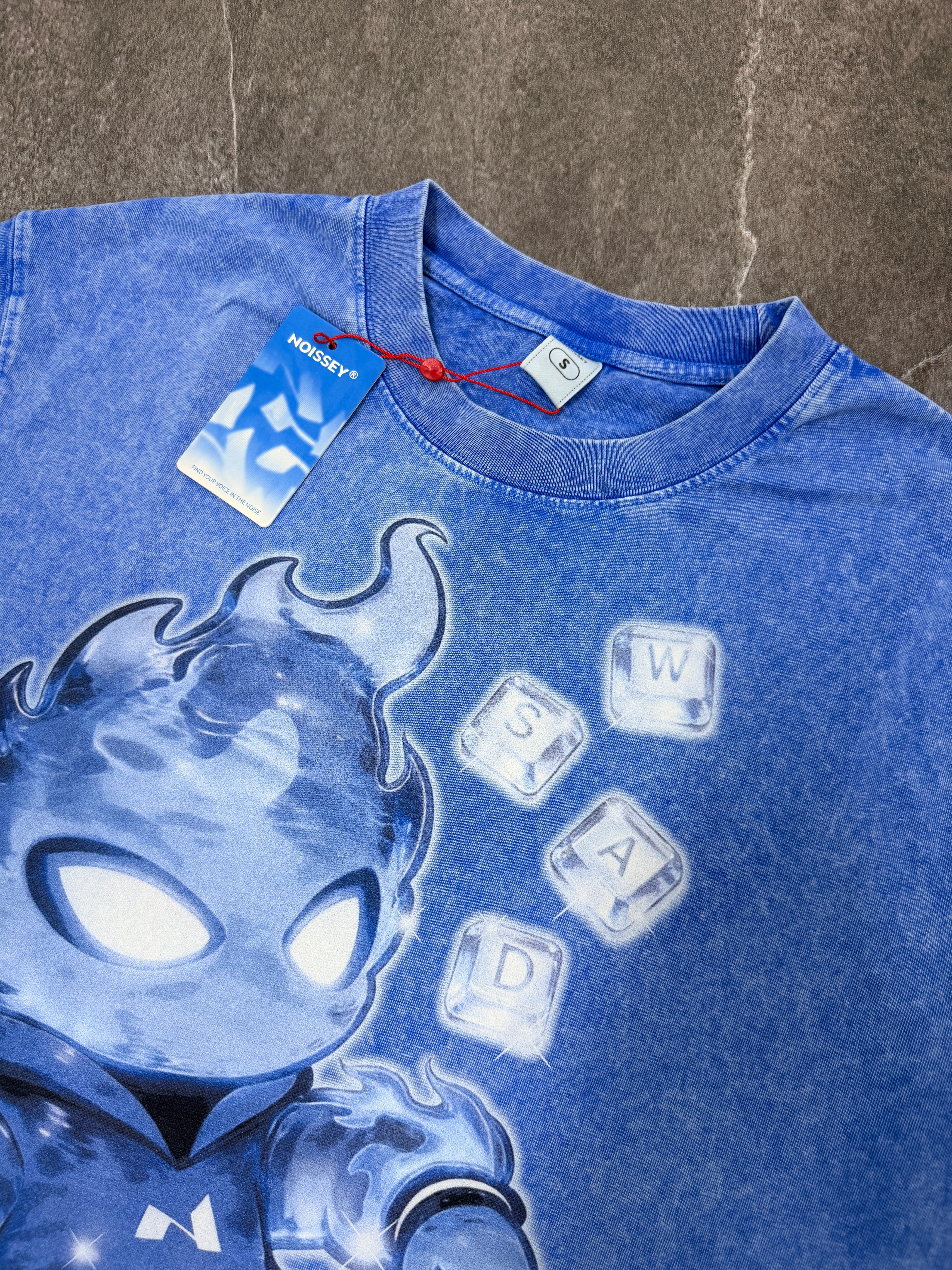 NOISSEY Blue Flame Flameboy IP & WASD Ice Cube Keys Graphic Acid-Washed Blue T-Shirt
