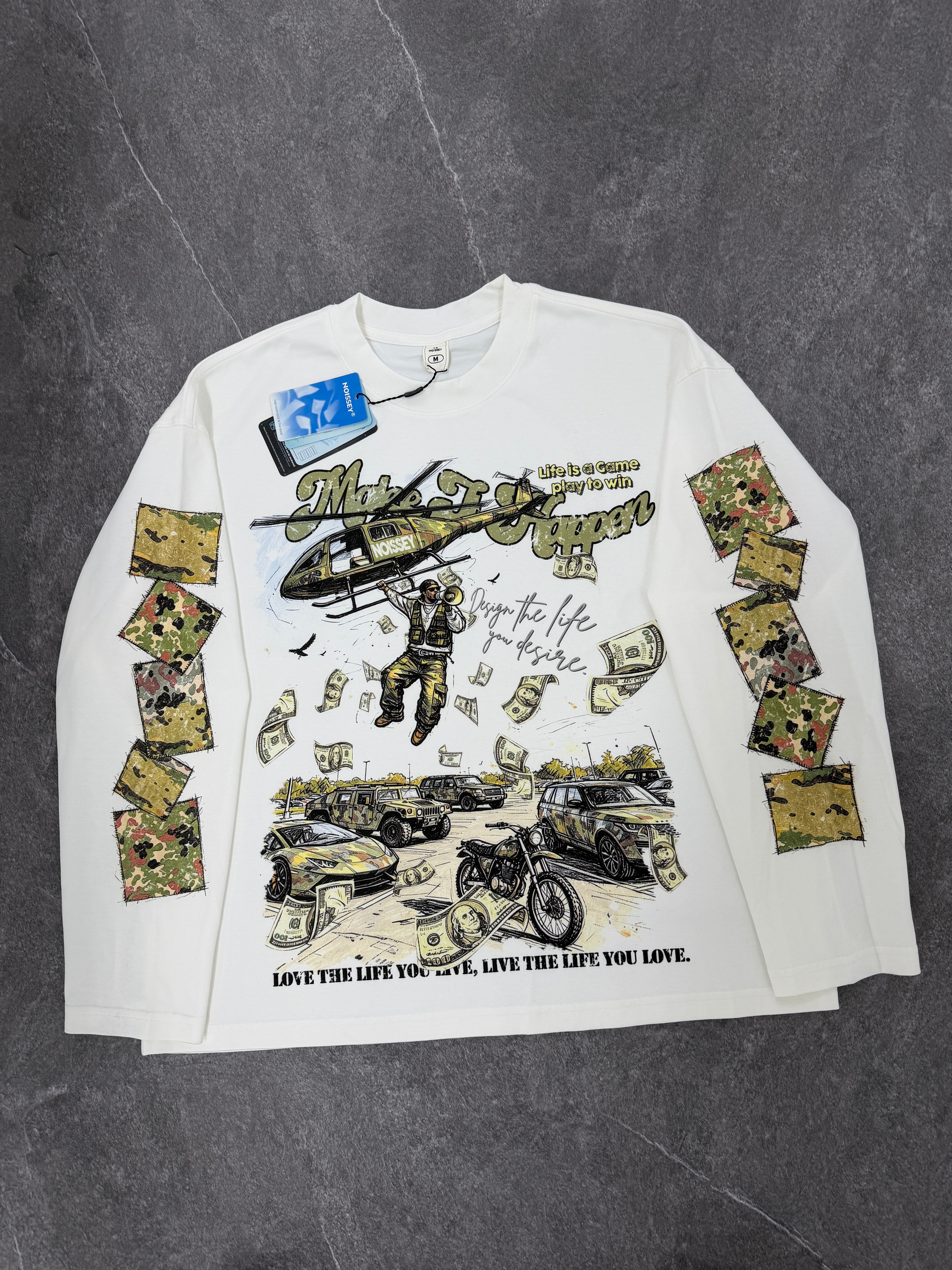 NOISSEY Make It Happen Military Helicopter Camo Heavyweight Cotton Blend Long Sleeve