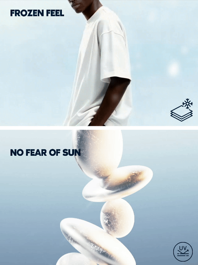 Infographic showing Cooling High-Performance UV Fabric with ice ball visual