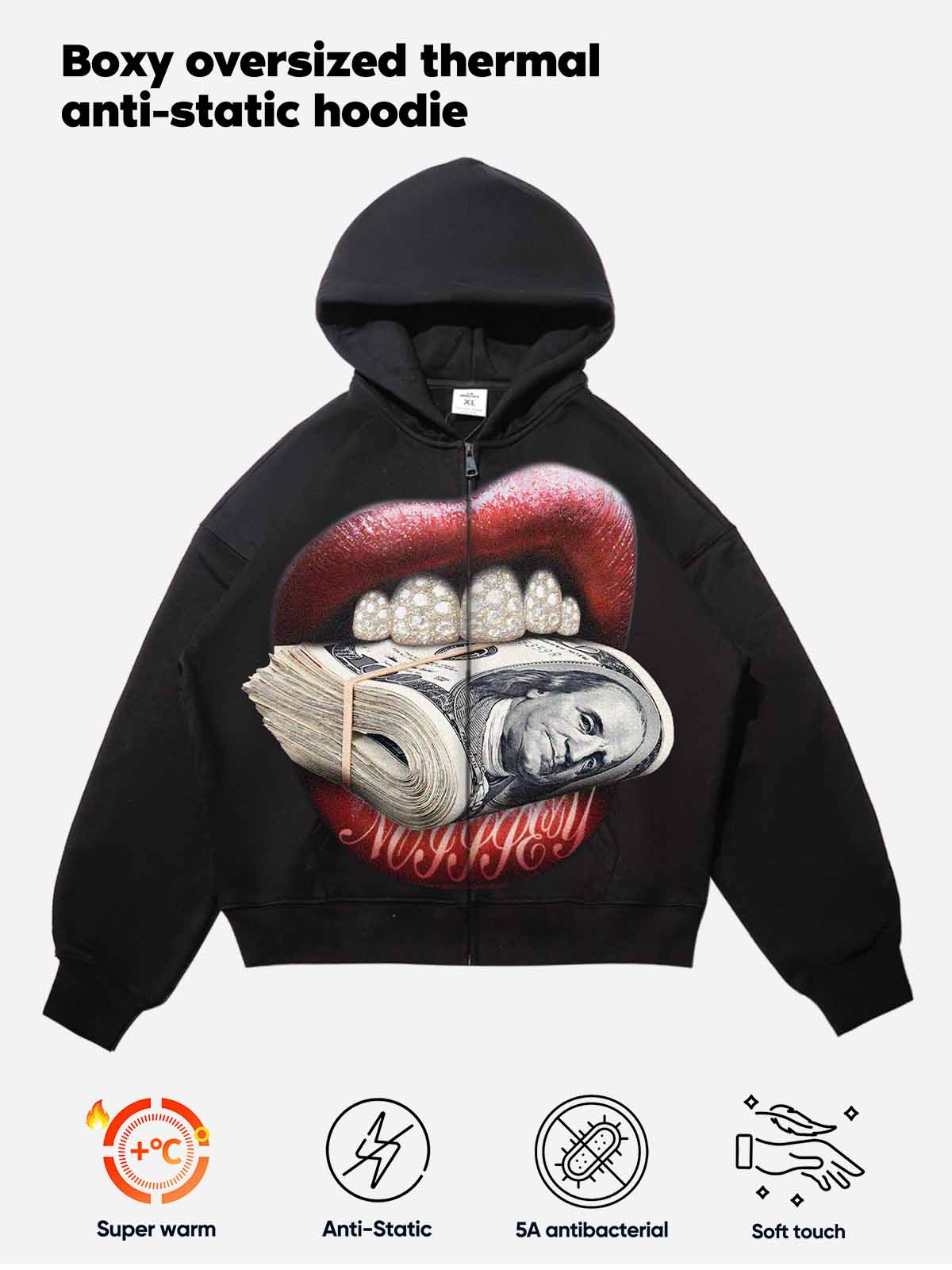 Infographic showing super warm and anti-static features of the thermal fleece hoodie