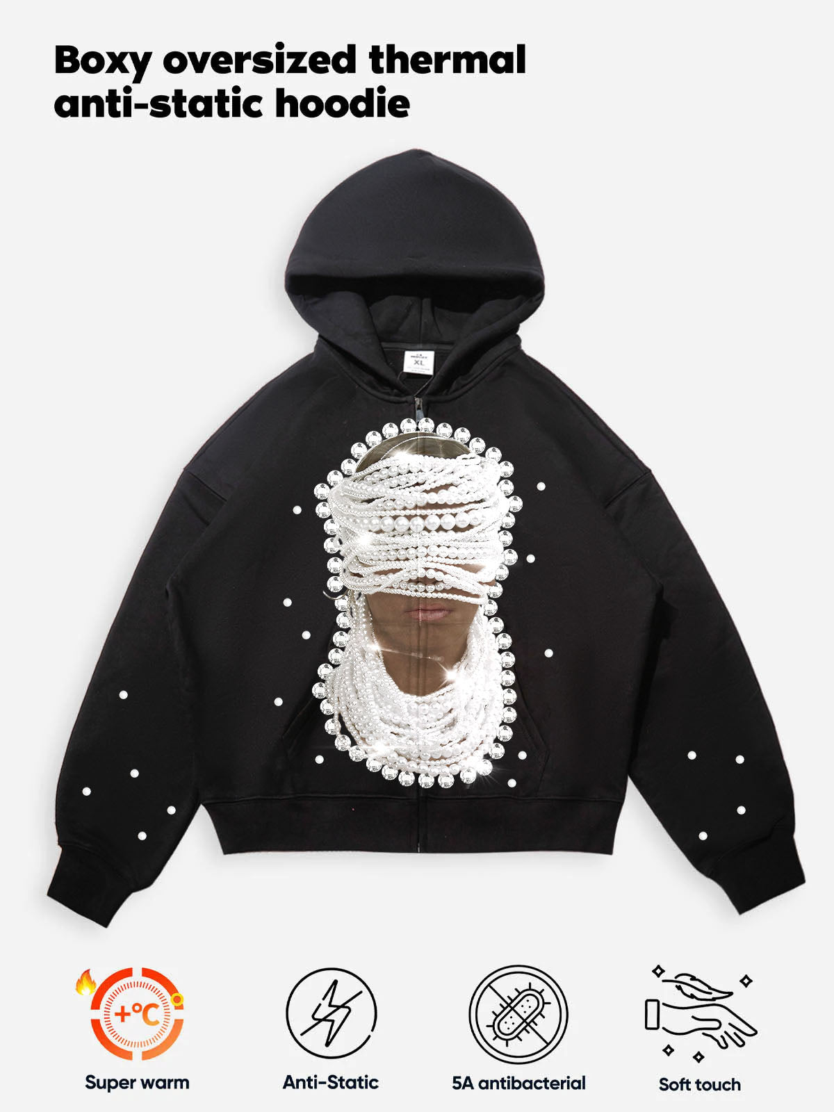 Infographic showing super warm and anti-static technology of the fleece fabric