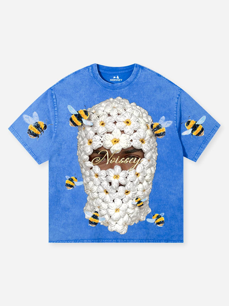 NOISSEY Daisy Crochet Balaclava Tee | Mineral Wash Blue Bee Graphic