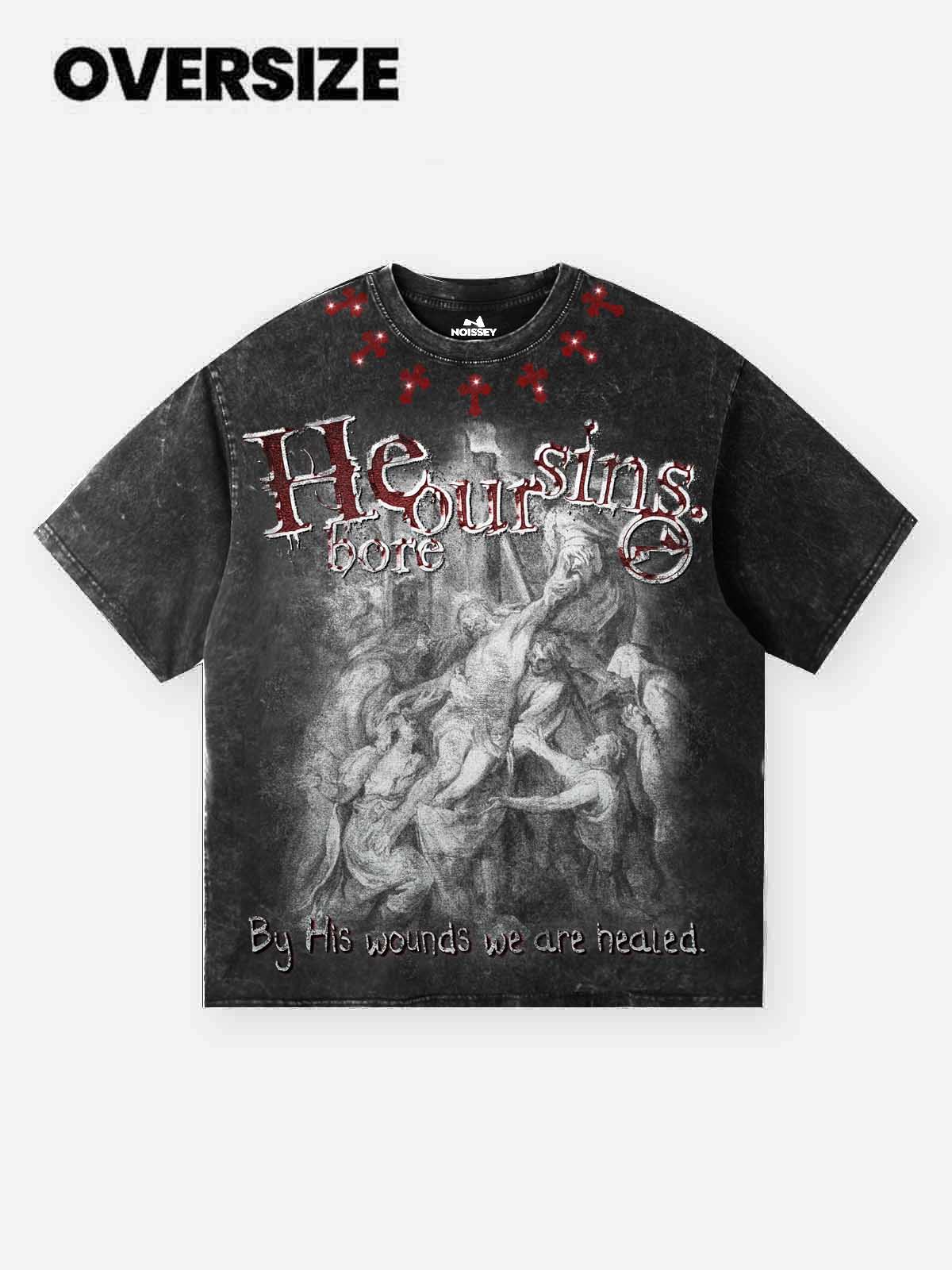 NOISSEY "He Bore Our Sins" Graphic Tee - Vintage Acid Wash Black