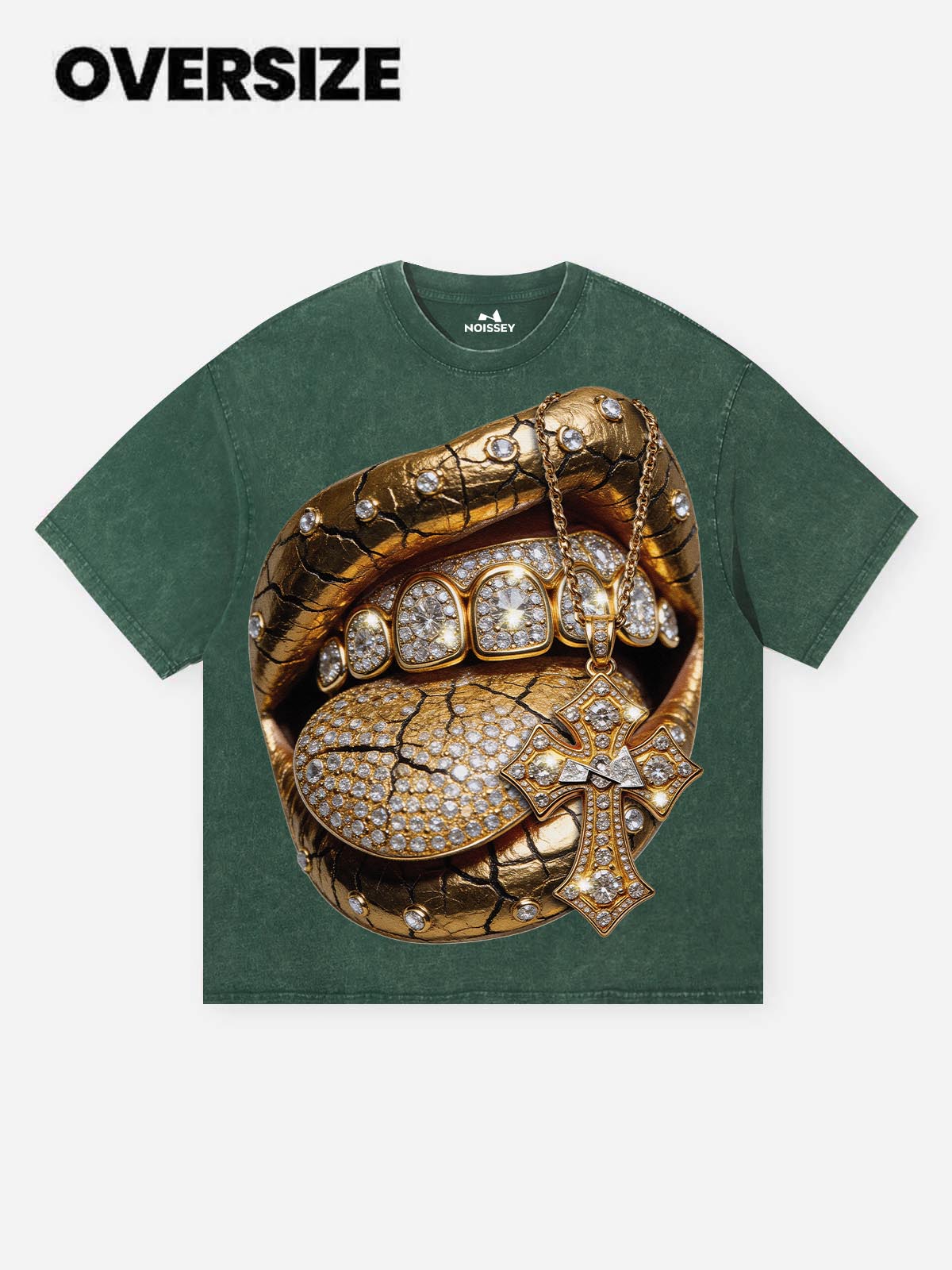 NOISSEY "Golden Cross" Washed Green Tee - Boxy Lip Print T-Shirt