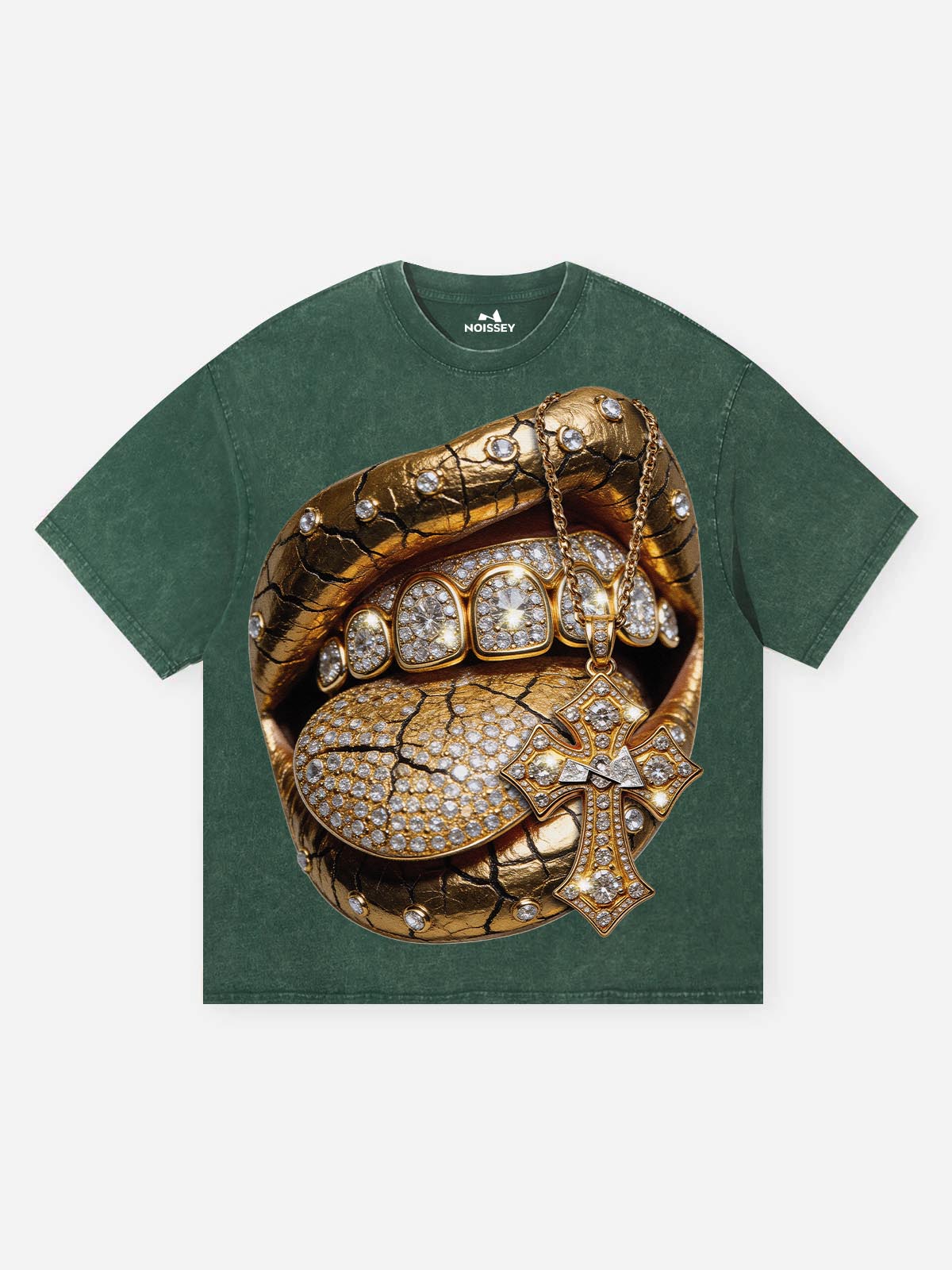 NOISSEY "Golden Cross" Washed Green Tee - Boxy Lip Print T-Shirt