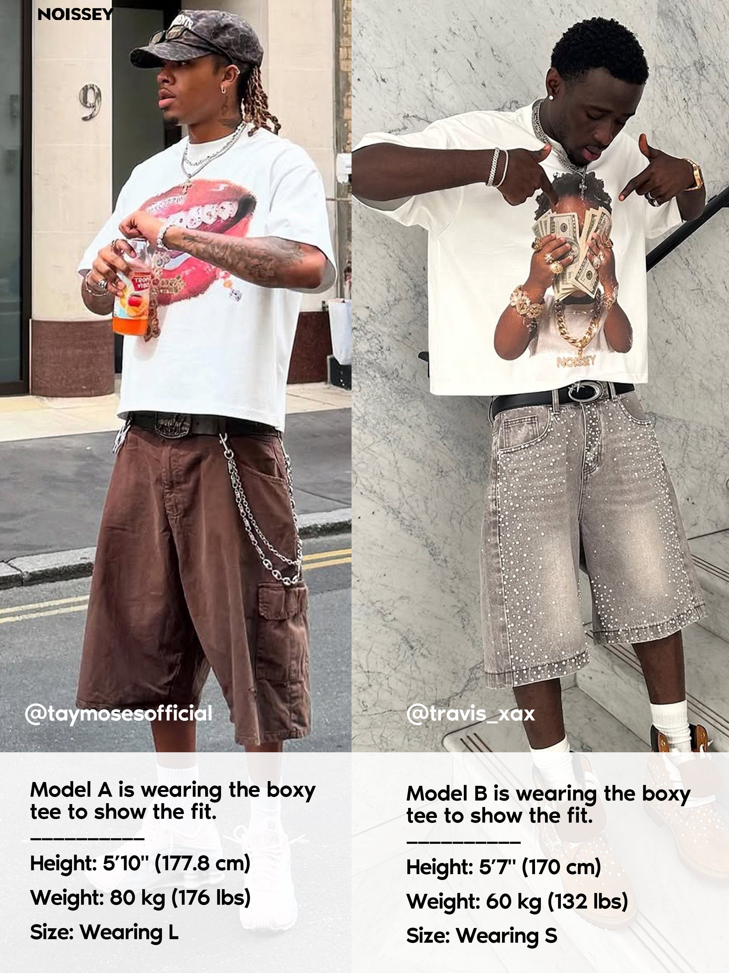 Male models wearing NOISSEY boxy fit liberty tee styled with brown cargo shorts