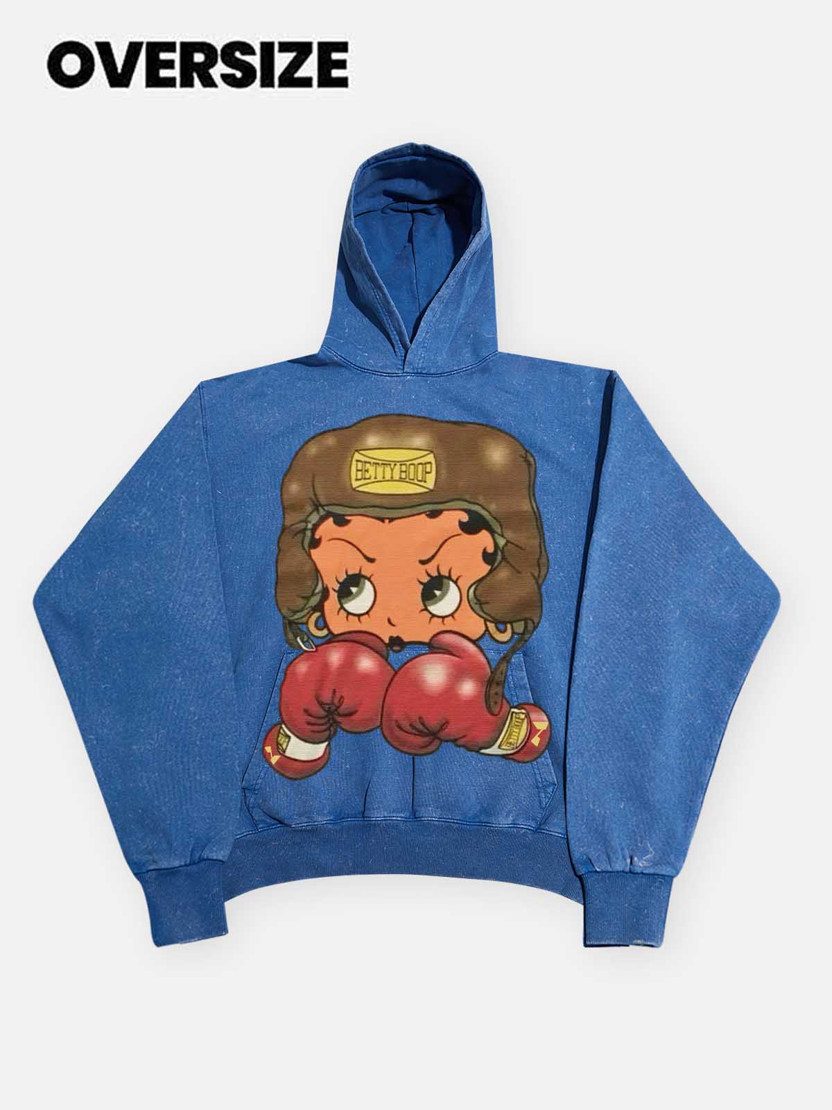 NOISSEY 425g heavyweight hoodie in vintage blue wash with cartoon boxing girl print