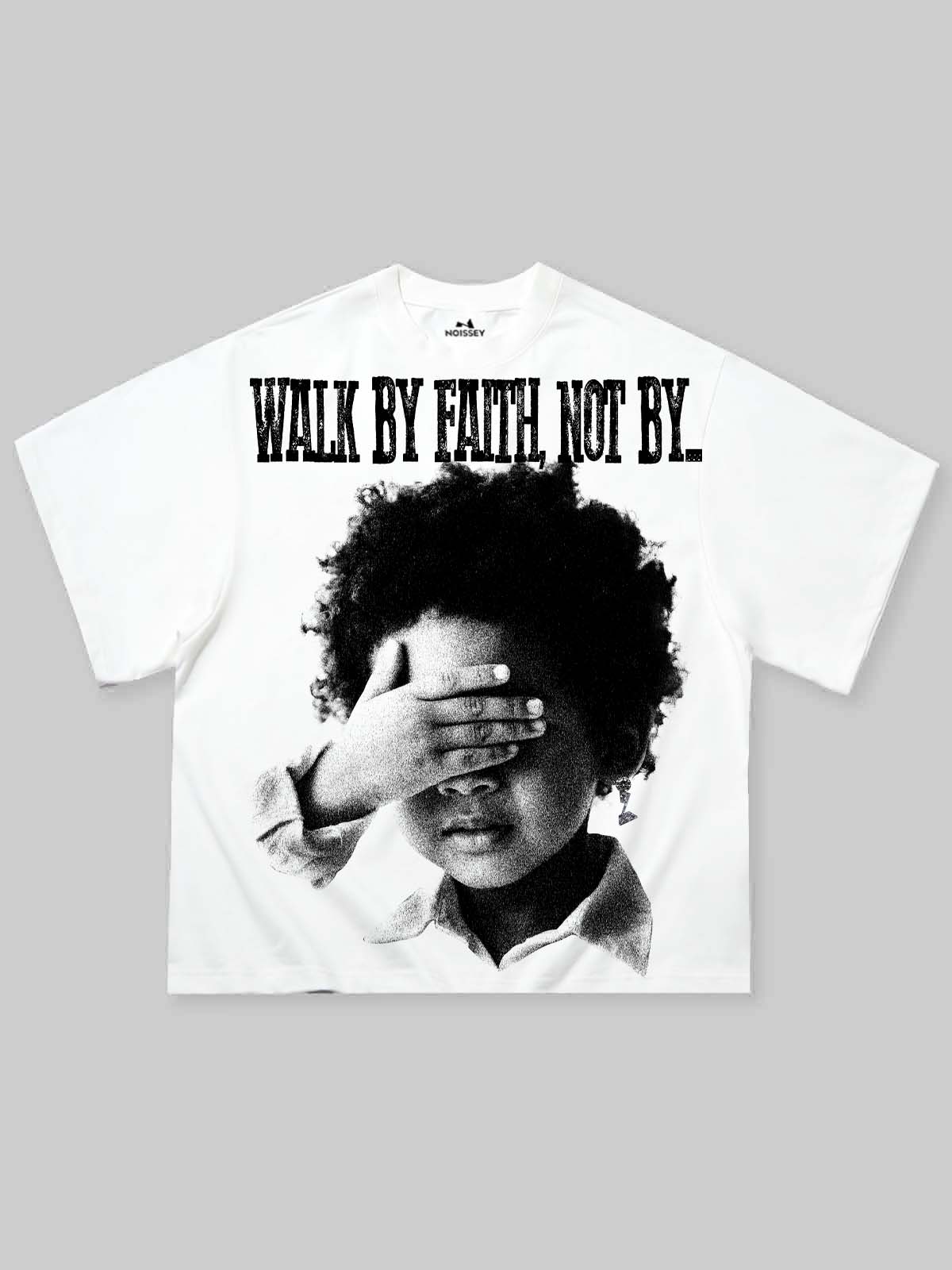 NOISSEY "Walk By Faith" white boxy oversized t-shirt with child portrait graphic