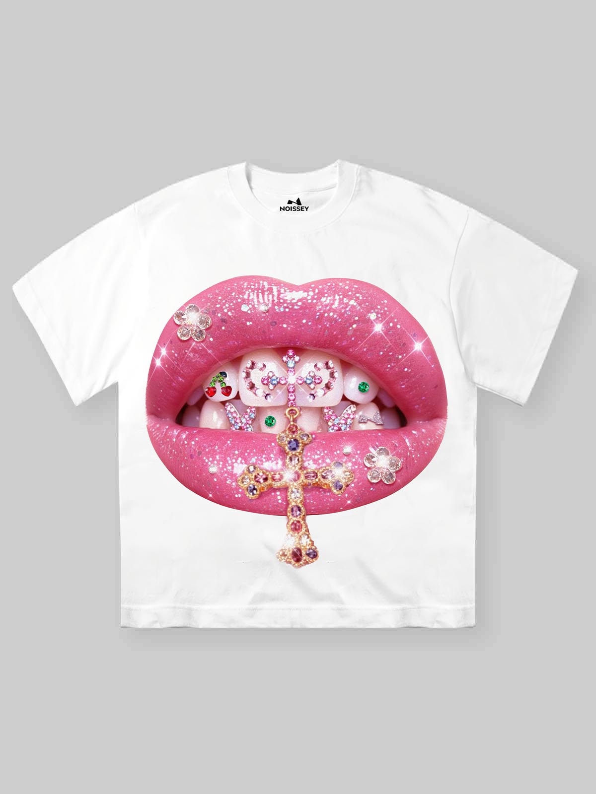 NOISSEY Y2K streetwear white tee featuring a vibrant pink lips graphic with a sparkling rhinestone cross grillz.