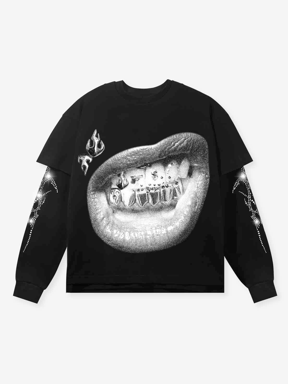 NOISSEY black 2-piece layering set featuring grillz graphic tee and rhinestone sleeves