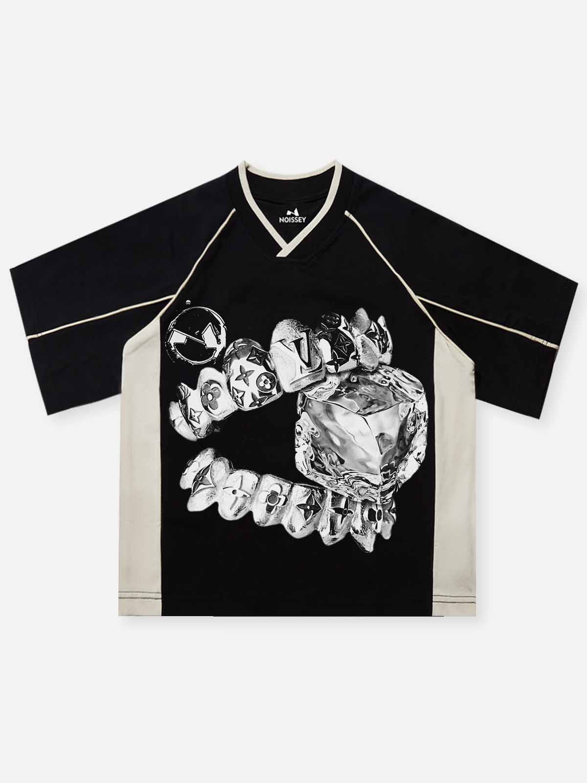 NOISSEY black V-neck jersey tee with beige side panels and liquid metal teeth graphic