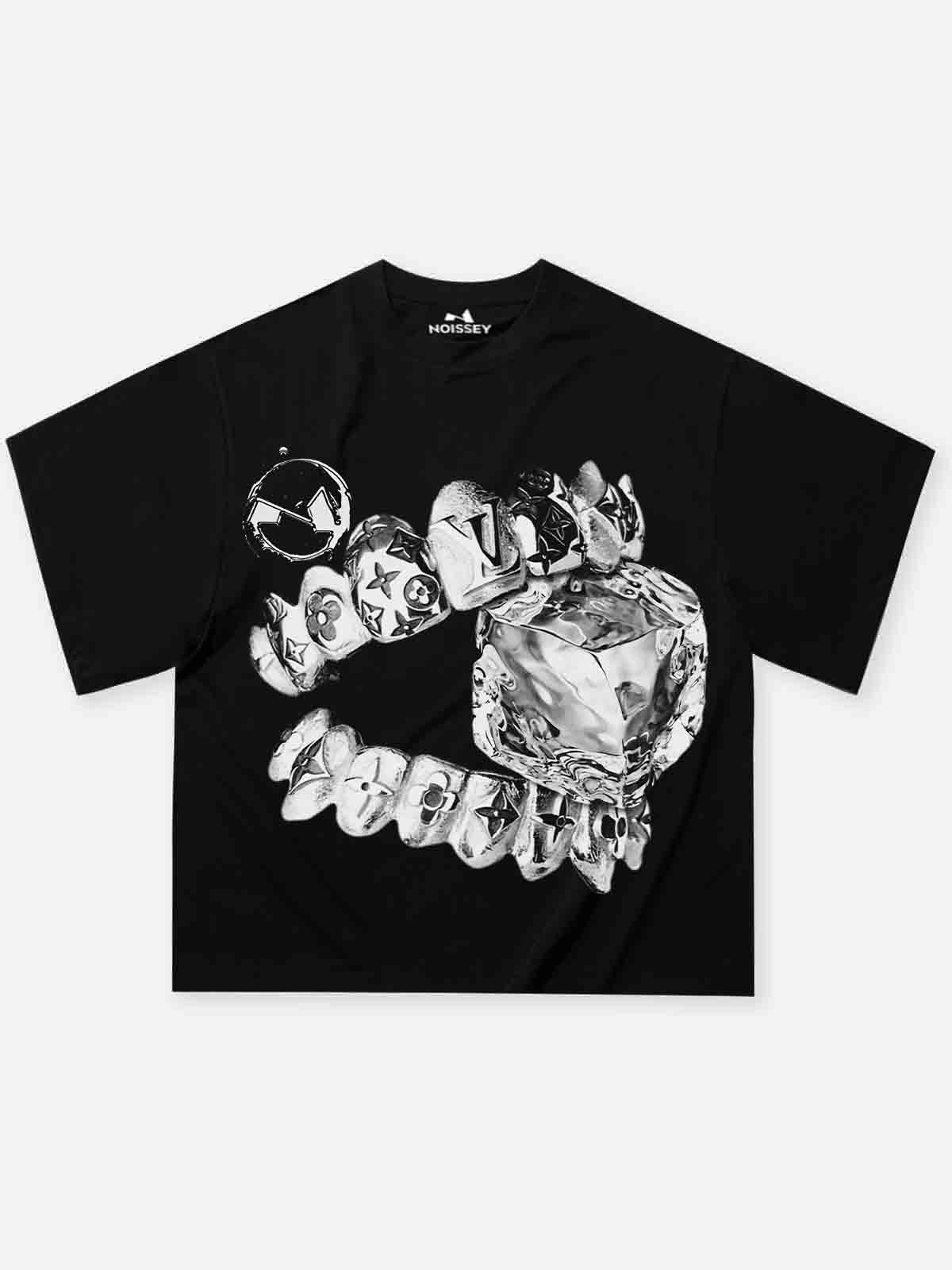 NOISSEY black cooling t-shirt featuring liquid metal teeth and diamond graphic