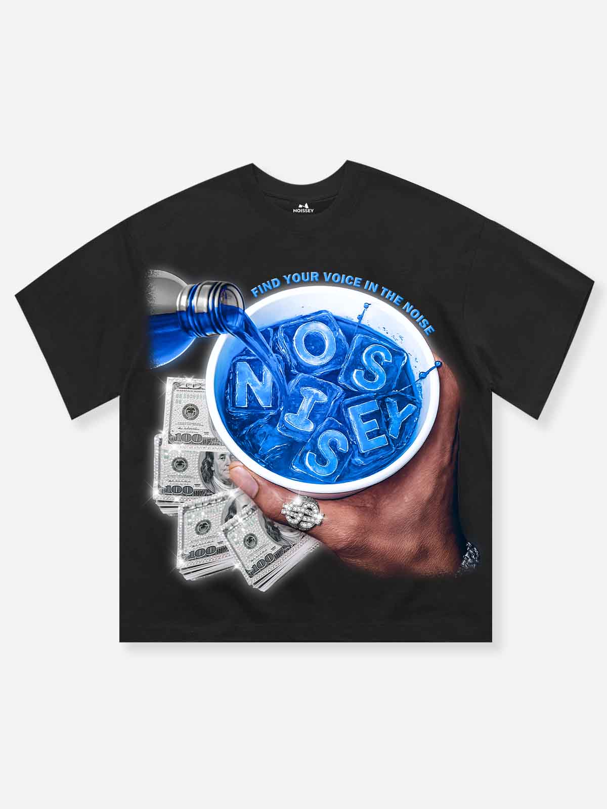 NOISSEY black heavyweight t-shirt featuring blue soup bowl and money graphic