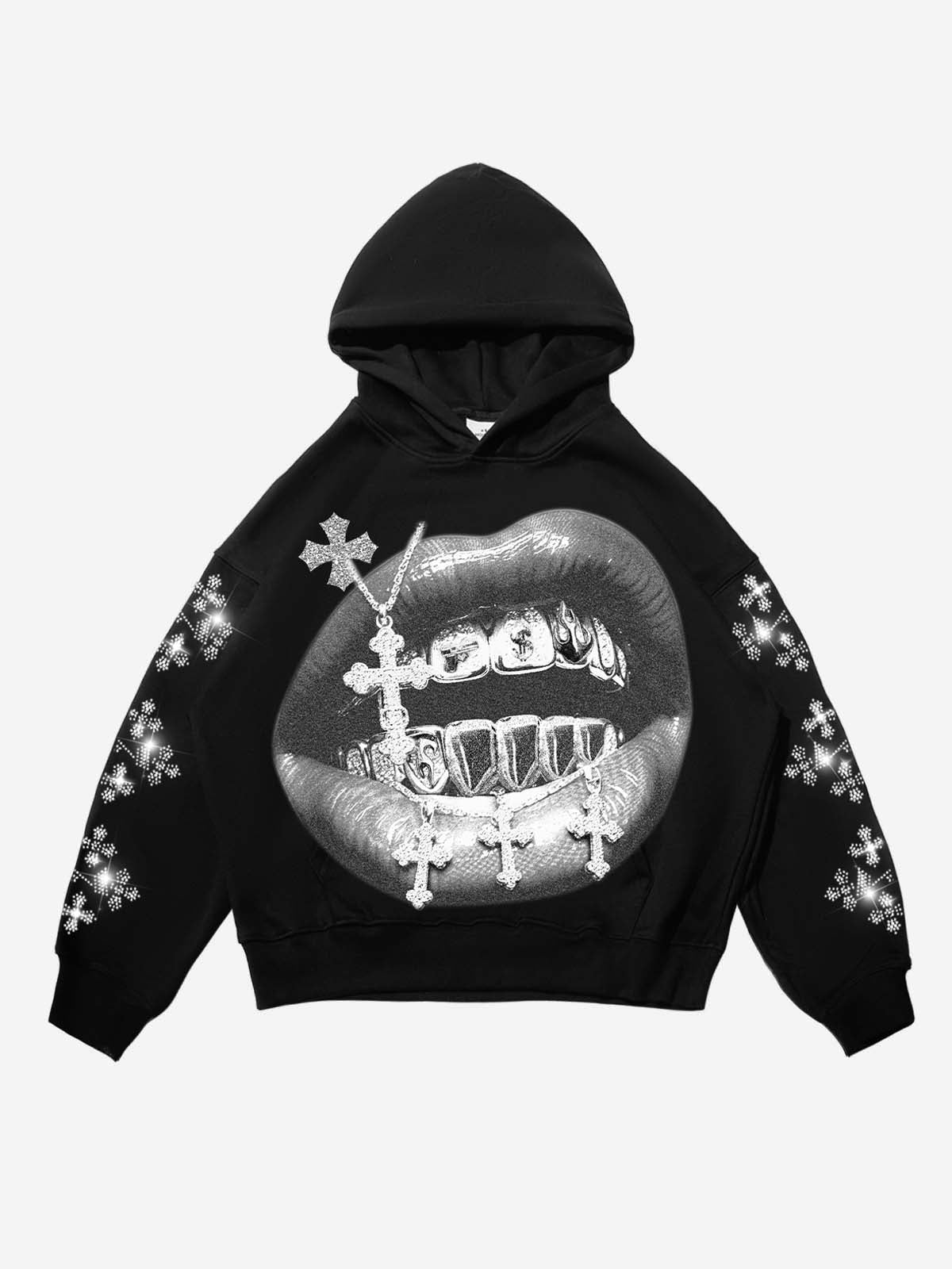 NOISSEY black thermal hoodie featuring rhinestone cross sleeves and grillz graphic