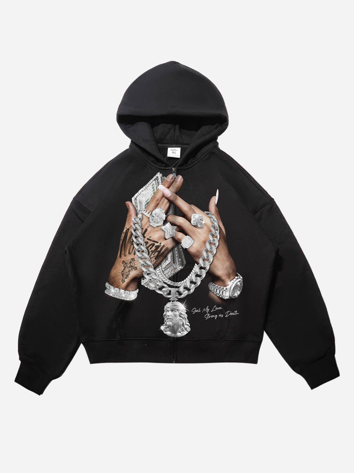 NOISSEY black thermal zip-up hoodie featuring Jesus piece and money graphic