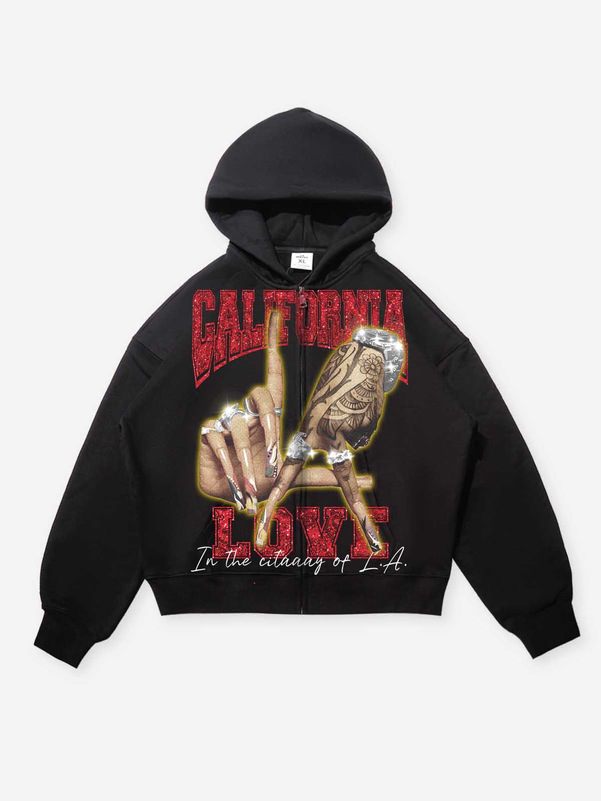 NOISSEY black zip-up hoodie featuring California Love rhinestone text and LA hand sign