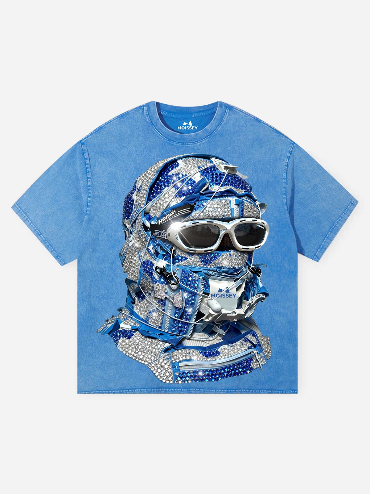 NOISSEY blue washed t-shirt featuring a realistic rhinestone-effect balaclava print
