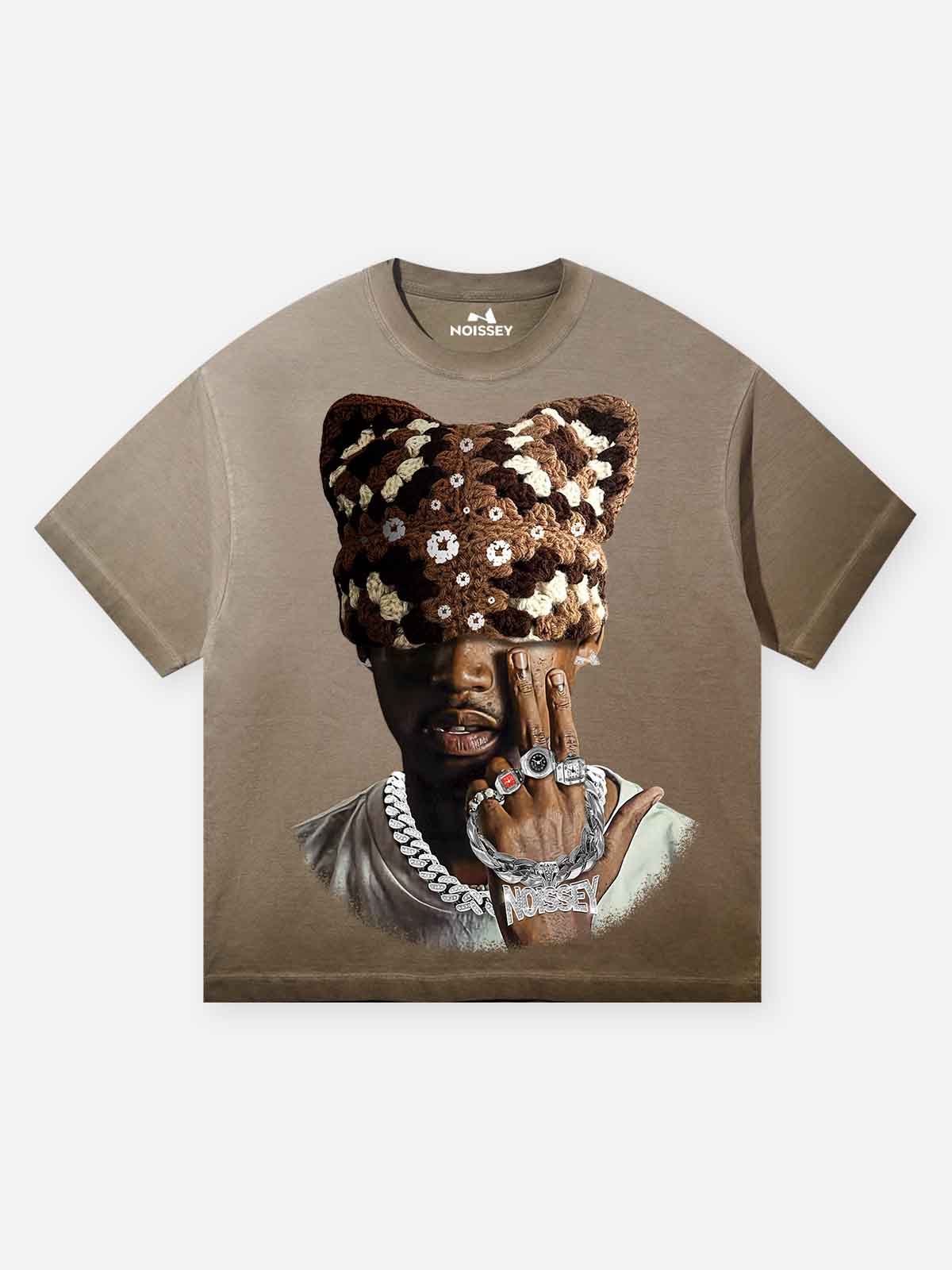 NOISSEY chocolate brown vintage wash t-shirt featuring crochet cat beanie portrait