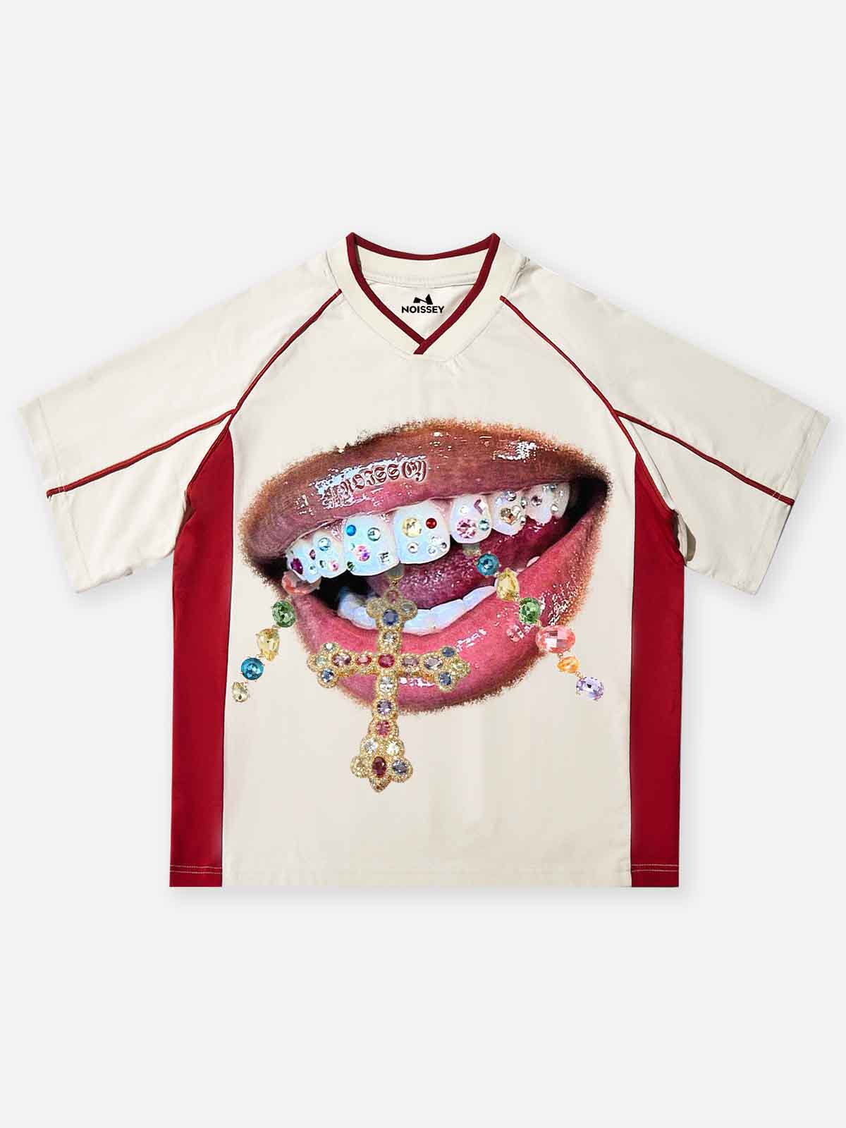 NOISSEY cream and burgundy V-neck jersey tee featuring diamond cross grillz graphic