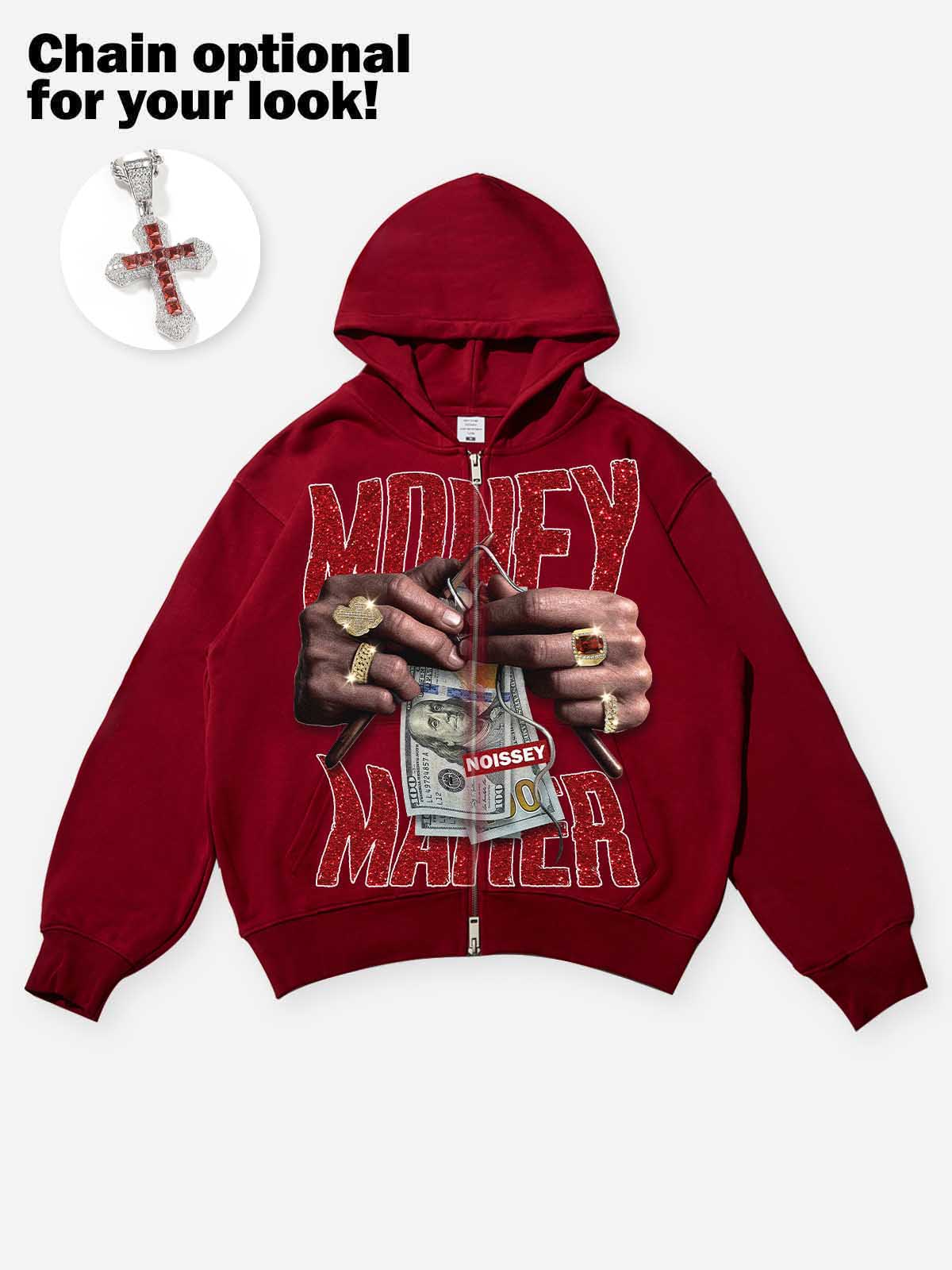 NOISSEY deep red zip-up hoodie featuring money maker rhinestone graphic and cash stack