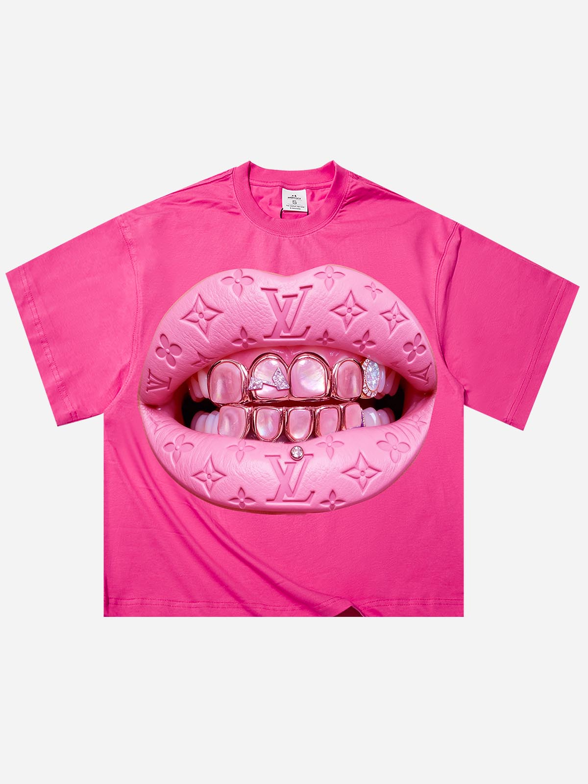 NOISSEY hot pink cooling t-shirt featuring leather texture lips and grillz graphic