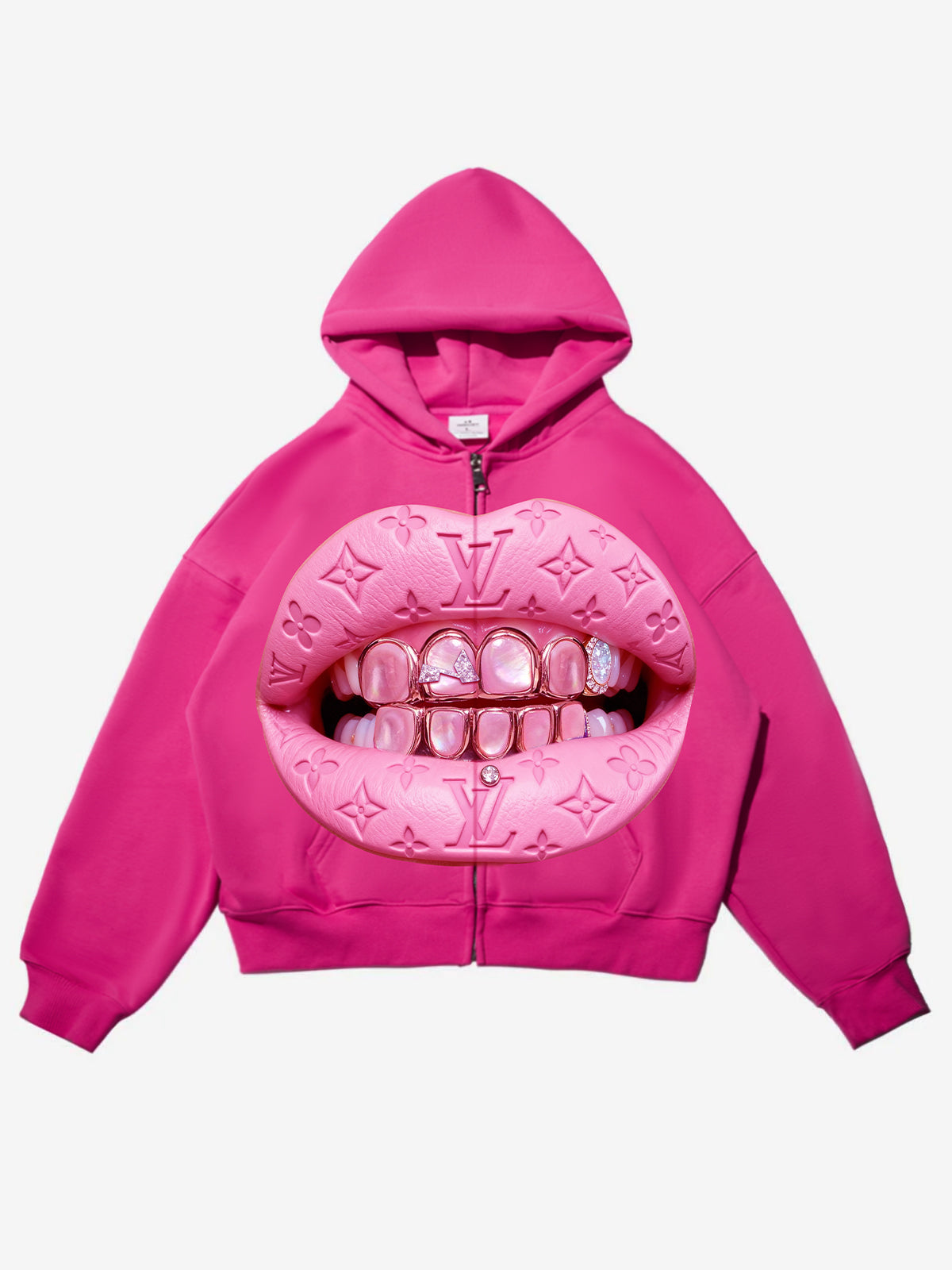NOISSEY hot pink zip-up hoodie featuring a large lips and grillz graphic
