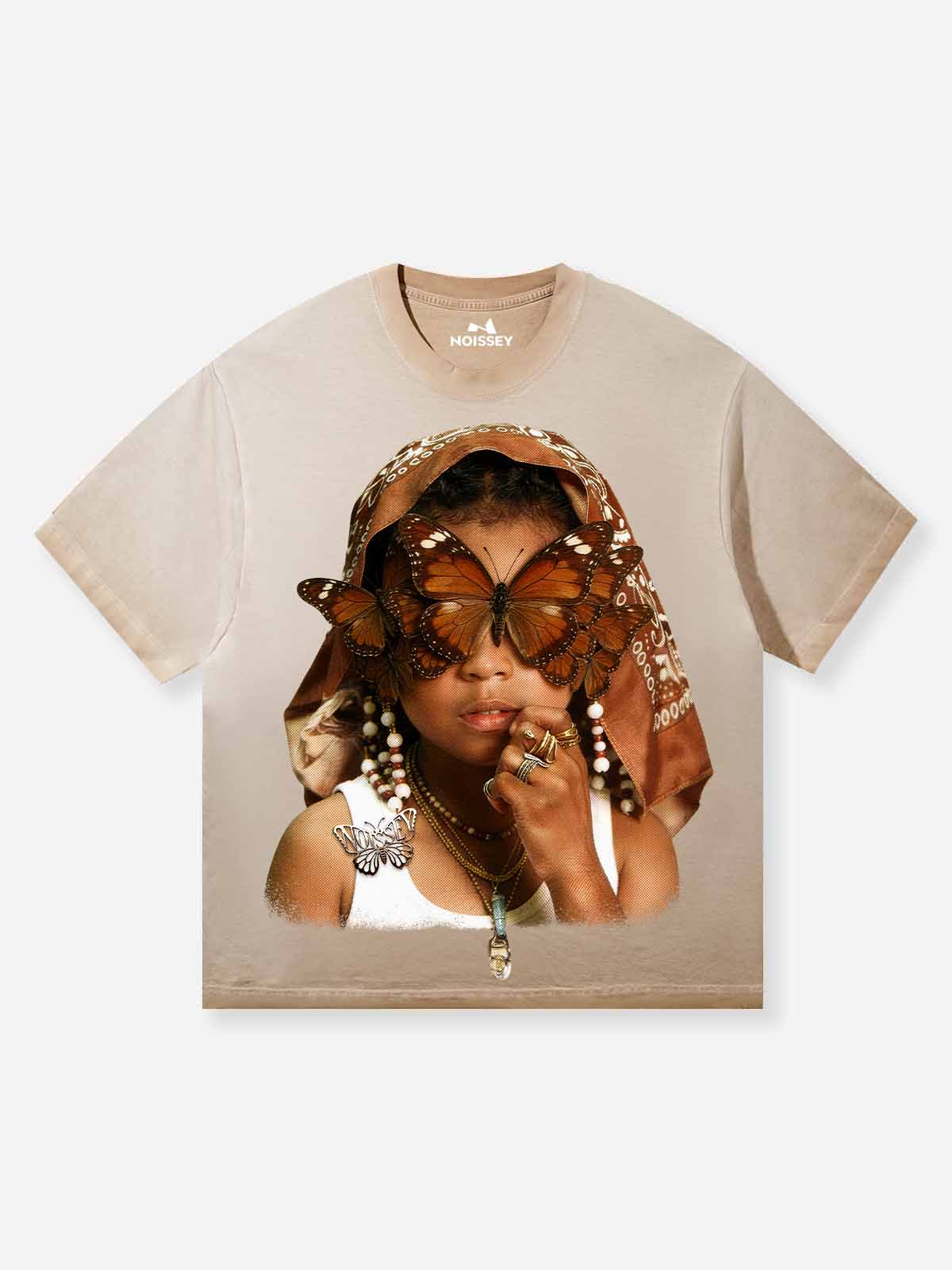 NOISSEY khaki vintage wash t-shirt featuring a portrait of a child with paisley bandana and butterflies