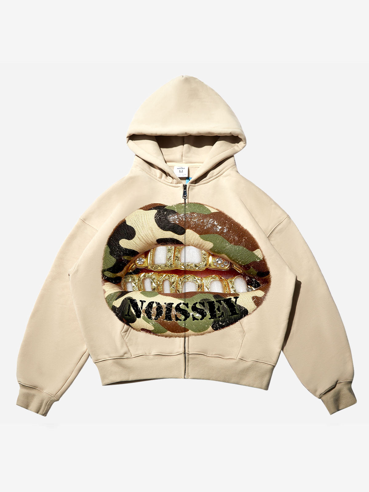 NOISSEY khaki zip-up hoodie featuring camouflage lips and gold grillz graphic