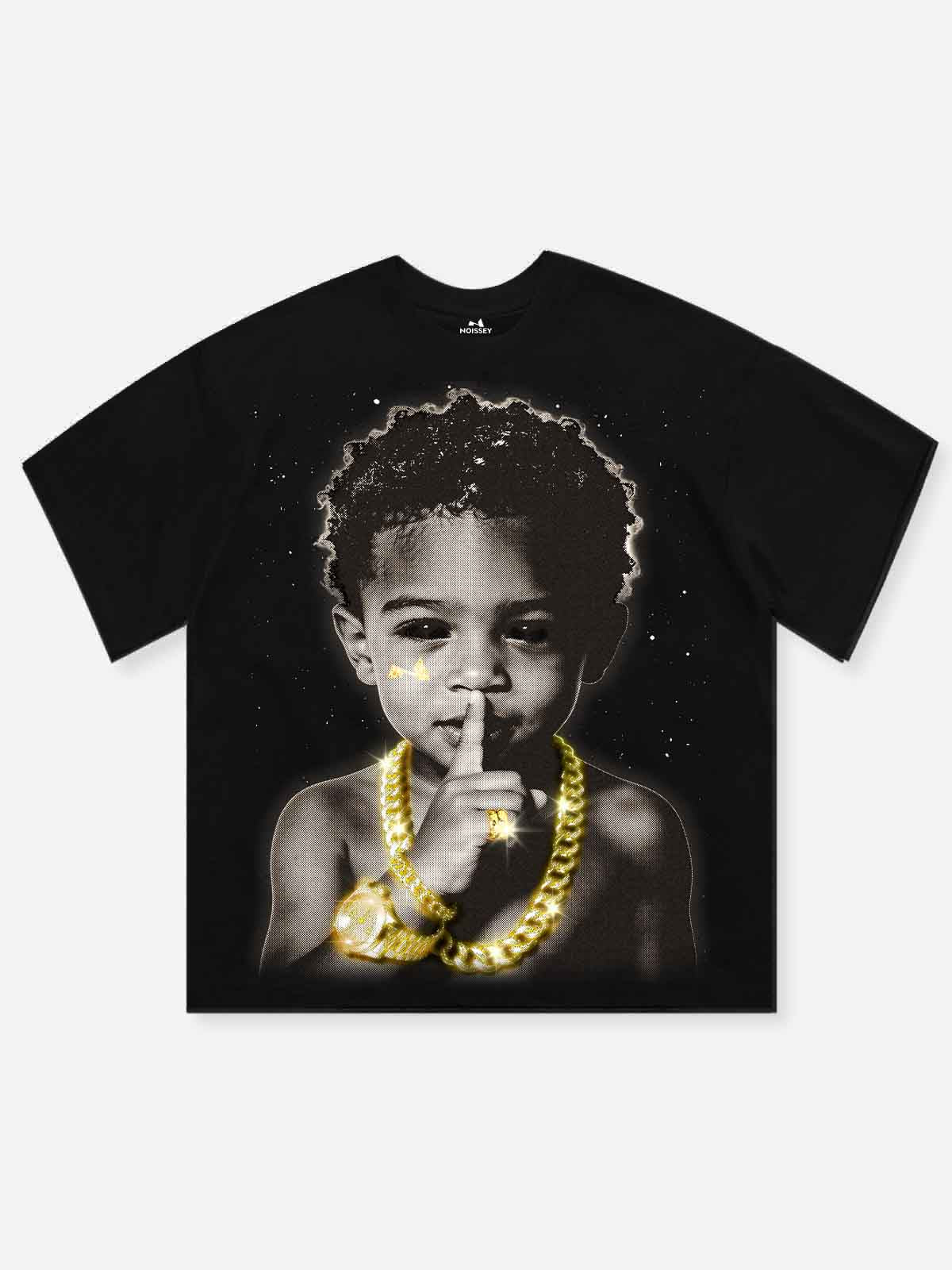 NOISSEY luxury streetwear black T-shirt featuring a vintage halftone portrait of a boy with a gold chain and watch doing a "hush" gesture.