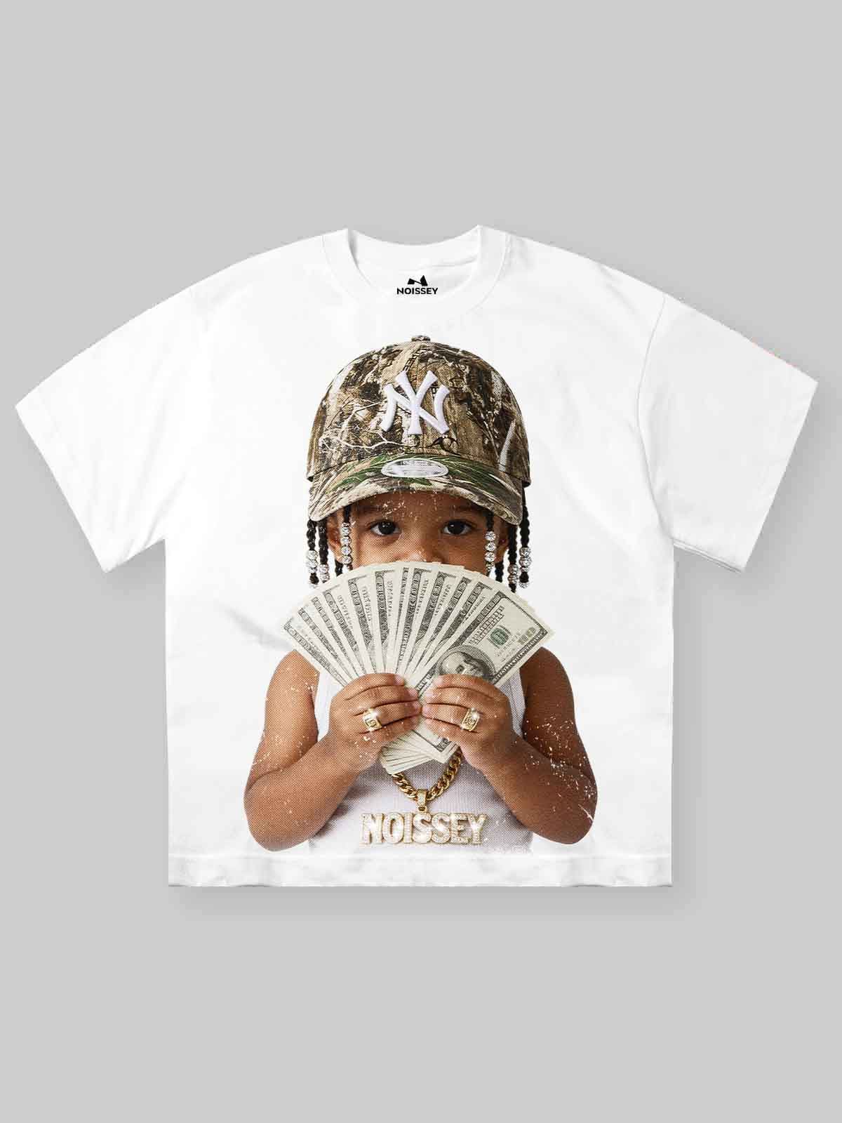 NOISSEY luxury streetwear white T-shirt featuring a vintage portrait of a boy with a Real Tree camo hat and iced-out money graphic.
