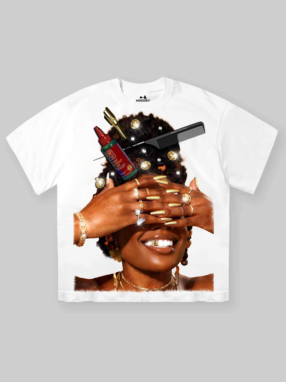 NOISSEY luxury streetwear white heavyweight T-shirt with vintage portrait graphic and gold grillz.