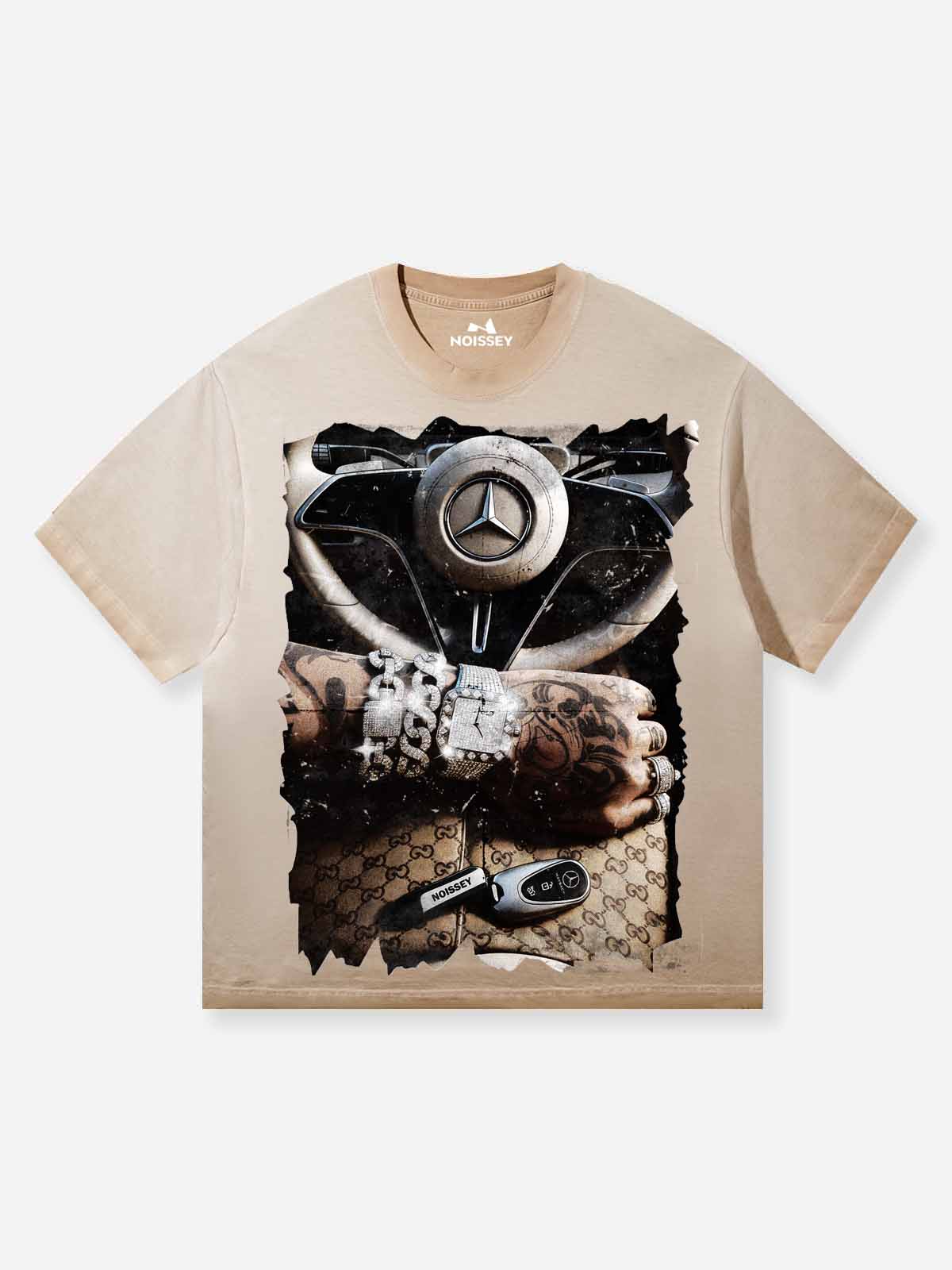 NOISSEY retro washed streetwear t-shirt in sand beige featuring a luxury car steering wheel, iced-out watch, and diamond jewelry graphic.
