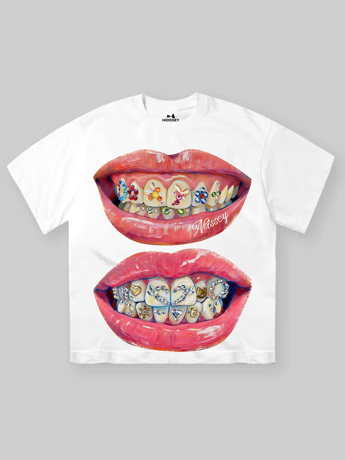 NOISSEY streetwear t-shirt featuring a hand-drawn rhinestone grillz graphic print
