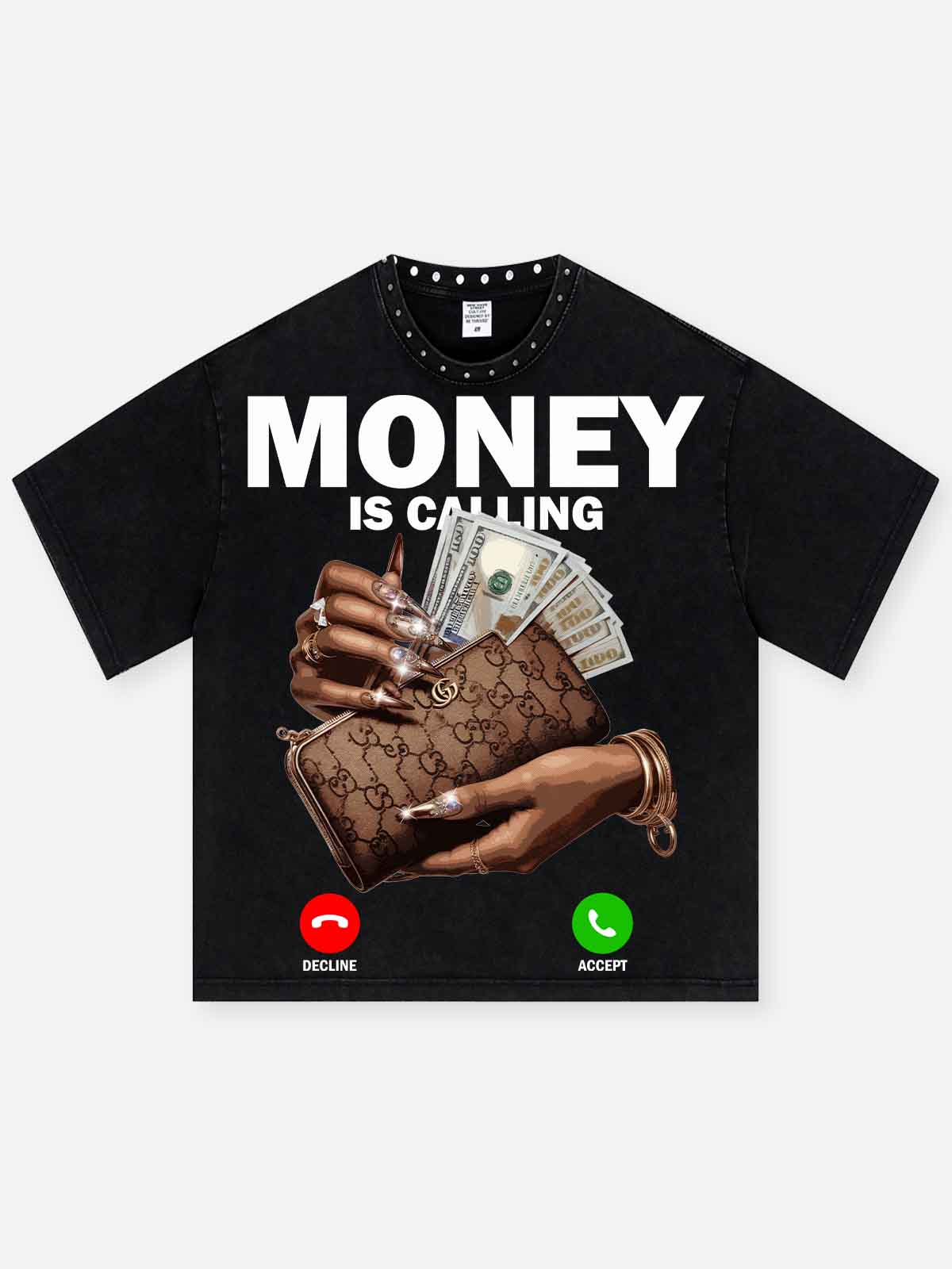 NOISSEY washed black oversized t-shirt with "Money Is Calling" graphic and metal studded collar.