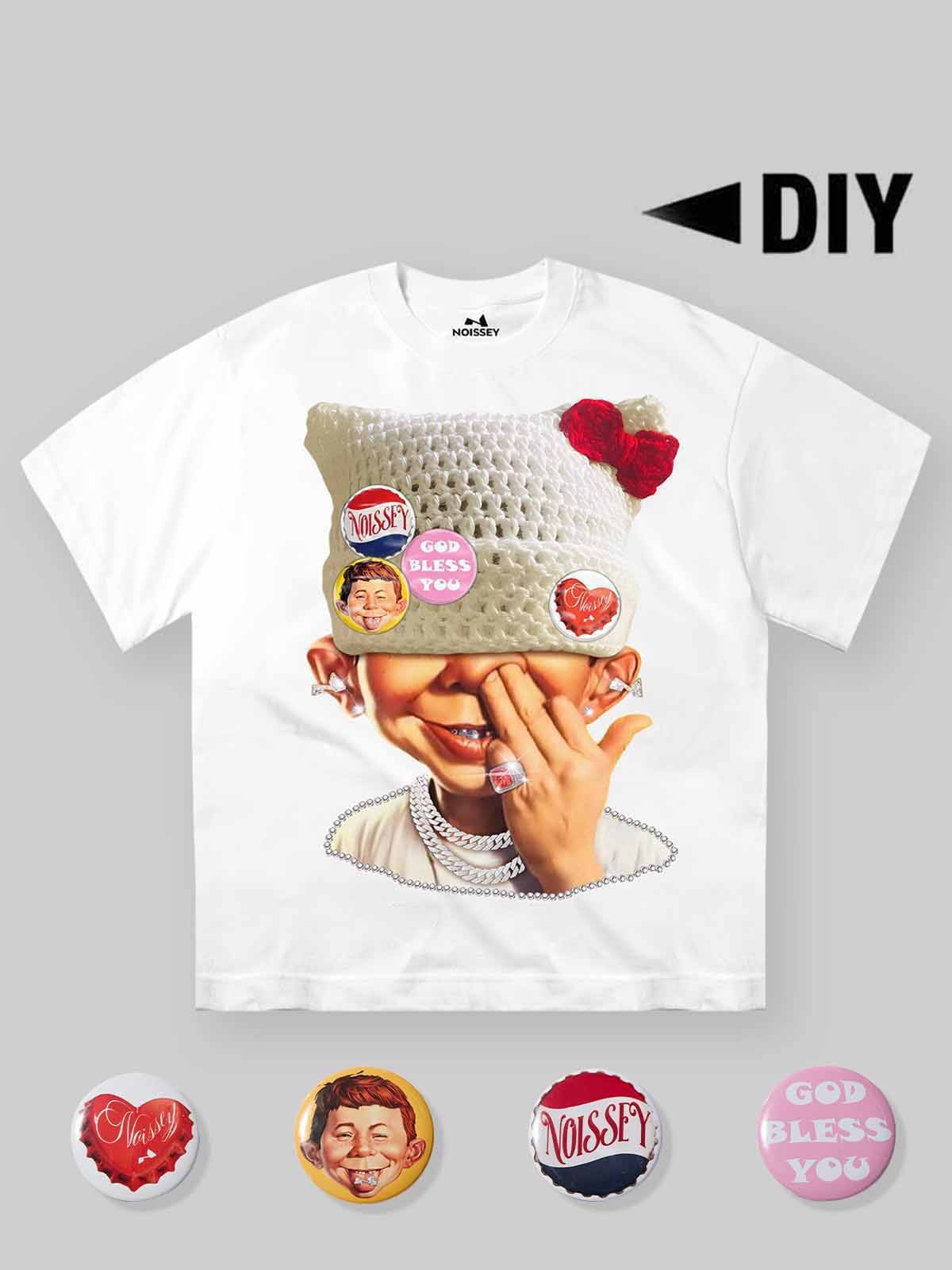NOISSEY white DIY t-shirt featuring Bad Boy crochet hat graphic and 4 custom badges