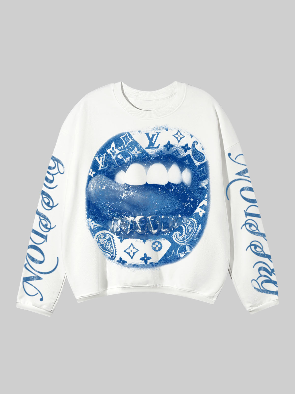 NOISSEY white air-cotton long sleeve featuring a blue paisley lip graphic