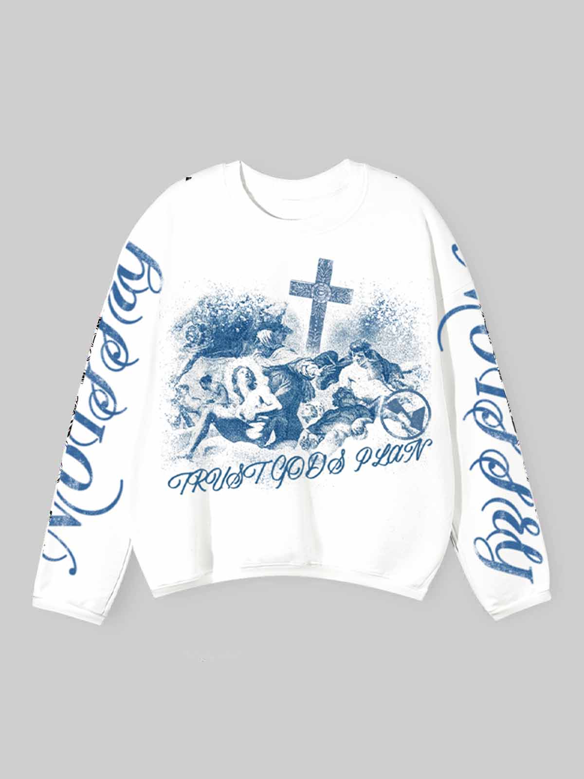 NOISSEY white air cotton long sleeve featuring blue Trust God's Plan cherub graphic