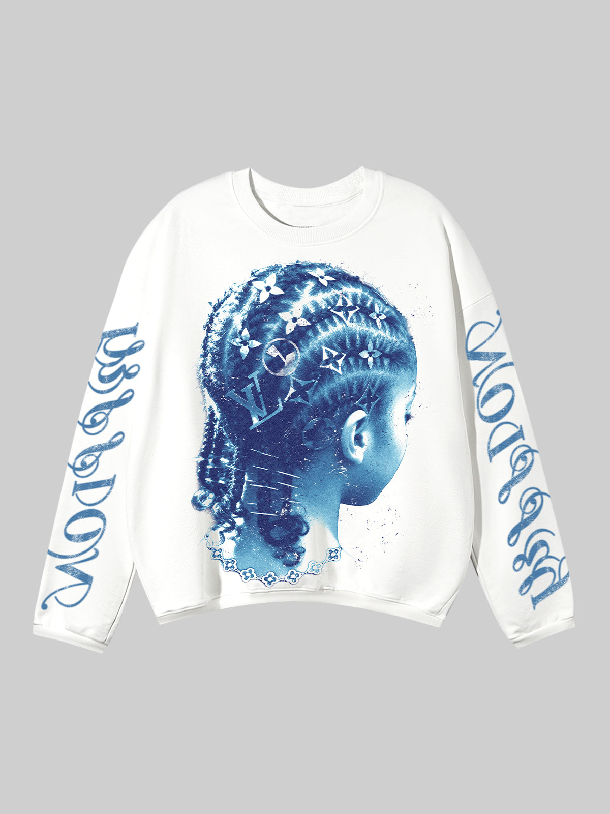 NOISSEY white air cotton long sleeve featuring blue braided girl portrait graphic