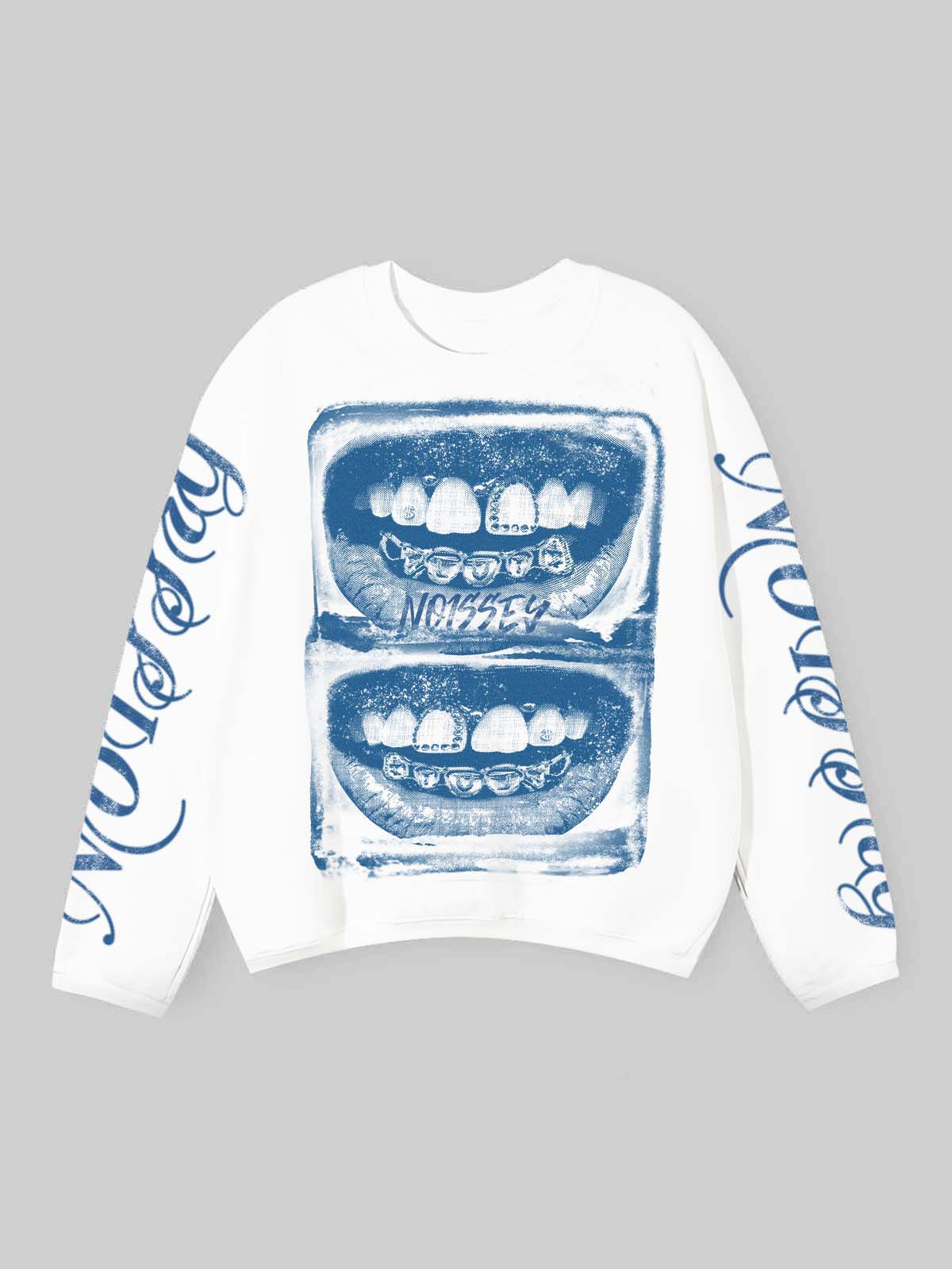 NOISSEY white air cotton long sleeve featuring blue double grillz screen print graphic