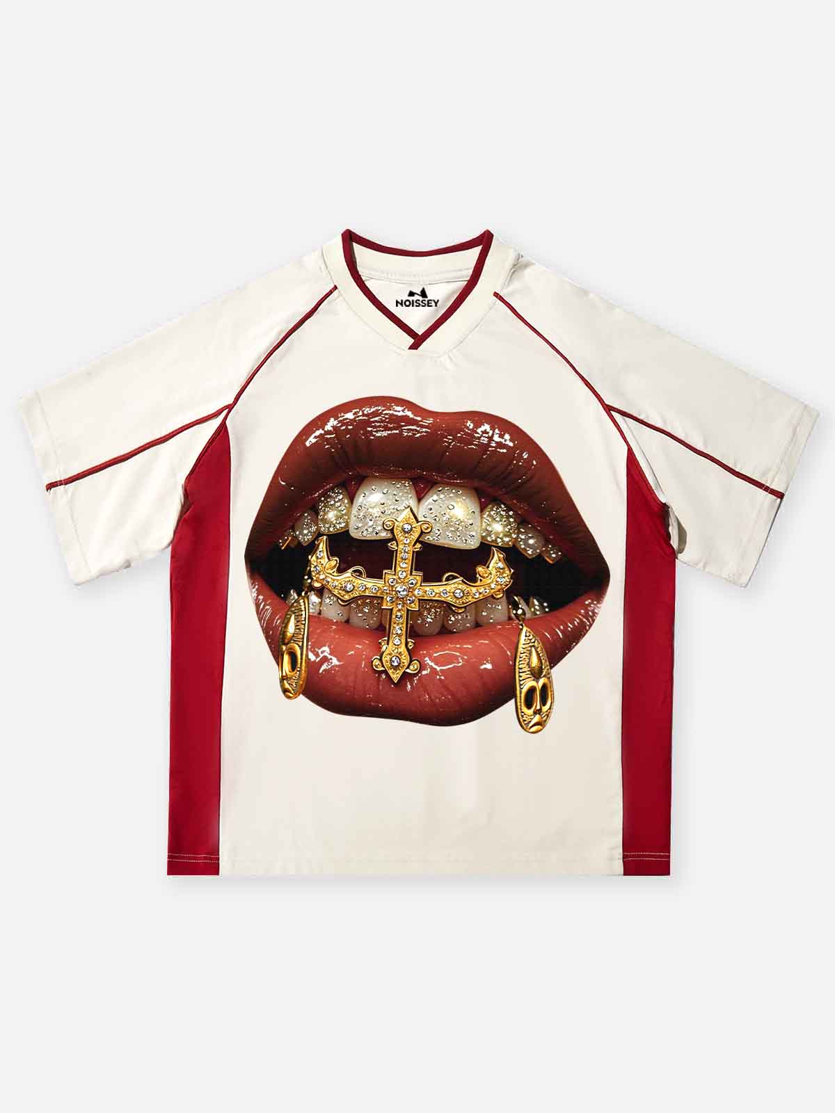 NOISSEY white and red oversized football jersey tee with gold cross lip graphic
