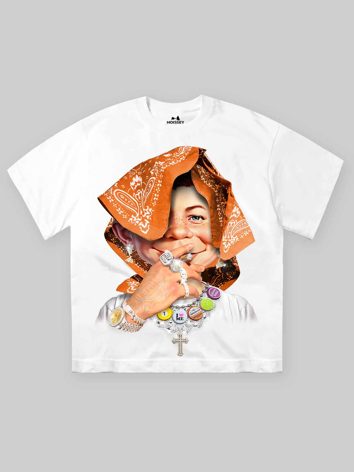 NOISSEY white cooling boxy tee featuring Bad Boy orange bandana portrait graphic