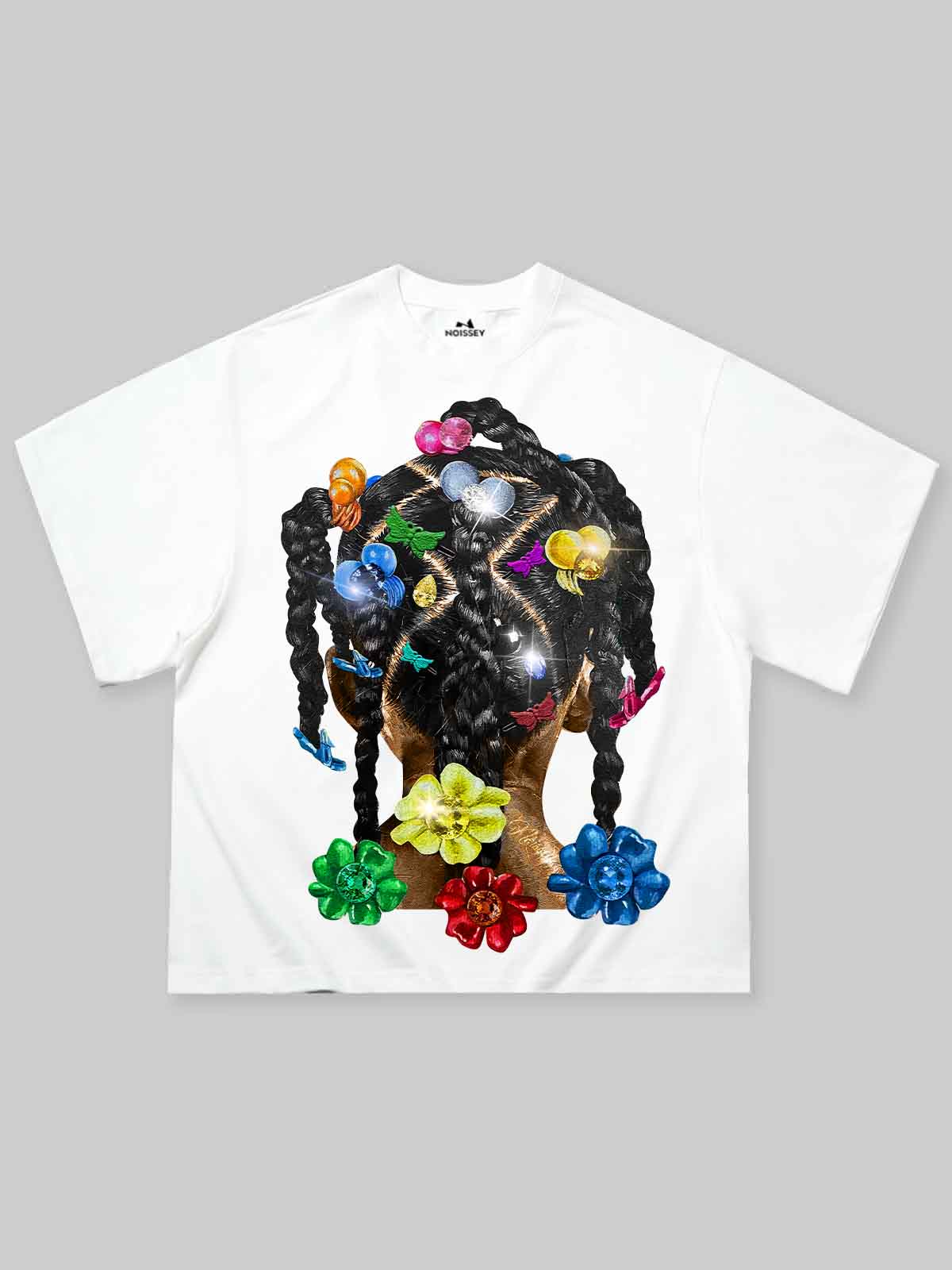 NOISSEY white cooling boxy tee featuring Y2K braided hair clip graphic