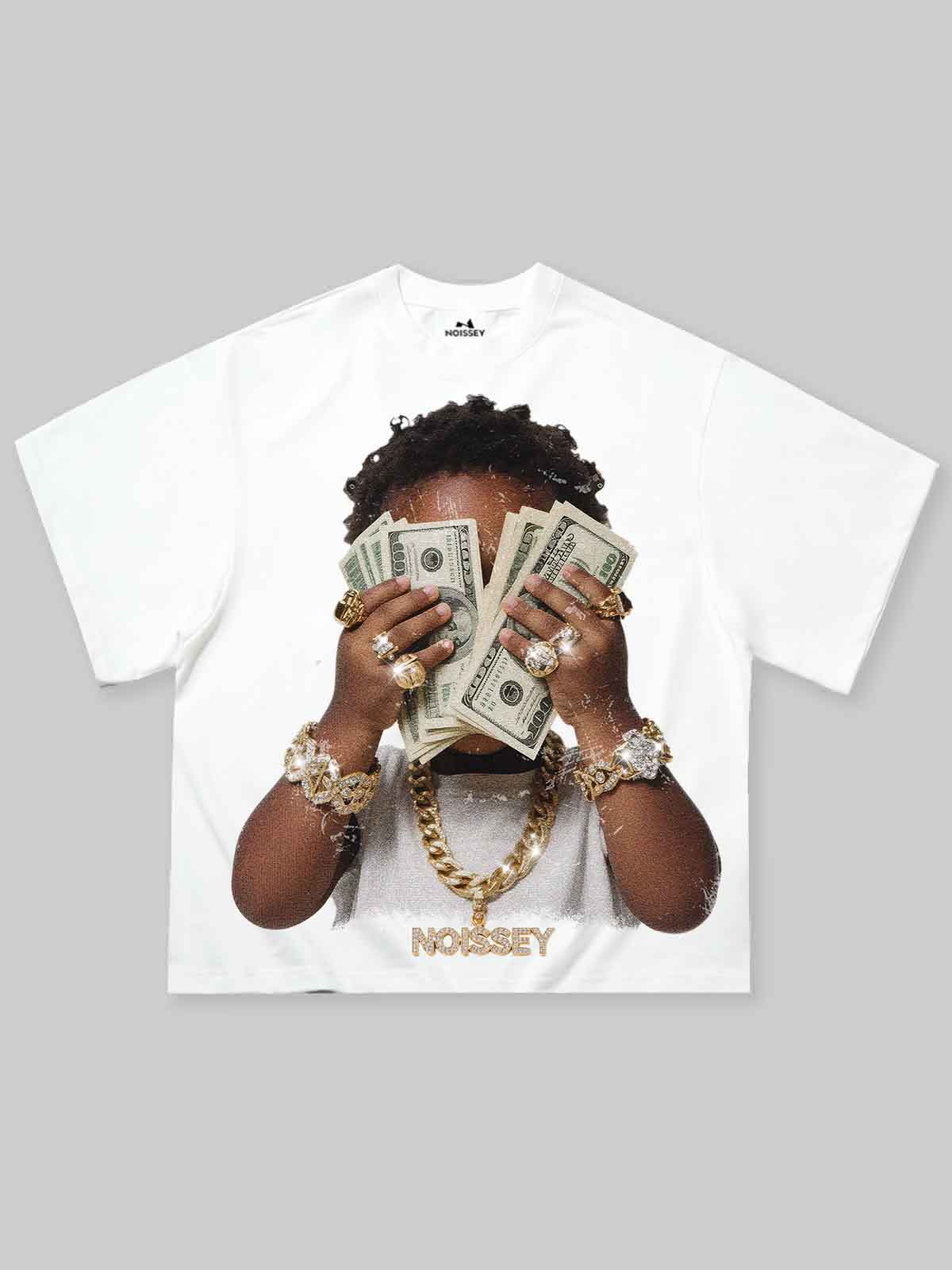 NOISSEY white cooling boxy tee featuring rich kid money stack portrait graphic