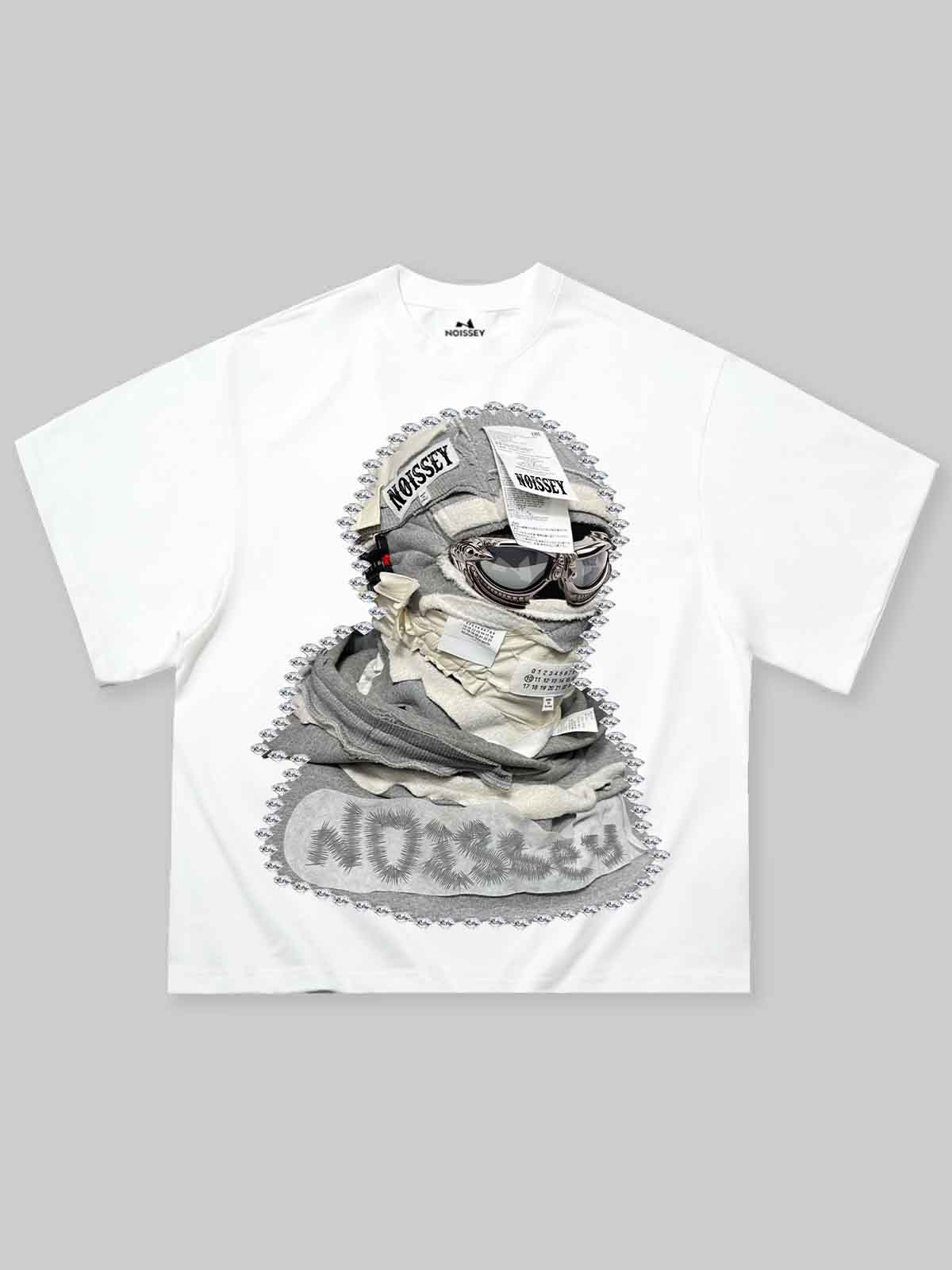 NOISSEY white cooling boxy tee featuring wrapped mummy goggles mask graphic