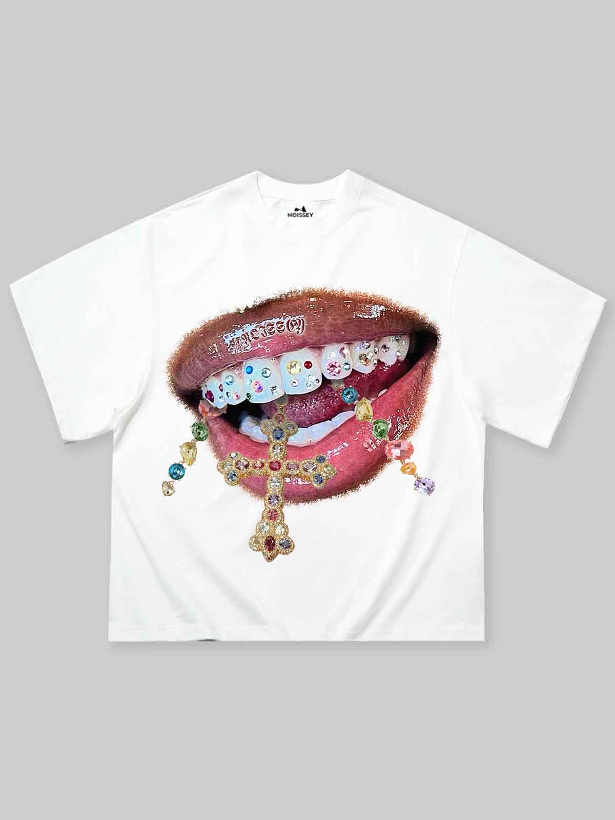 NOISSEY white cooling t-shirt featuring a diamond cross and grillz mouth graphic
