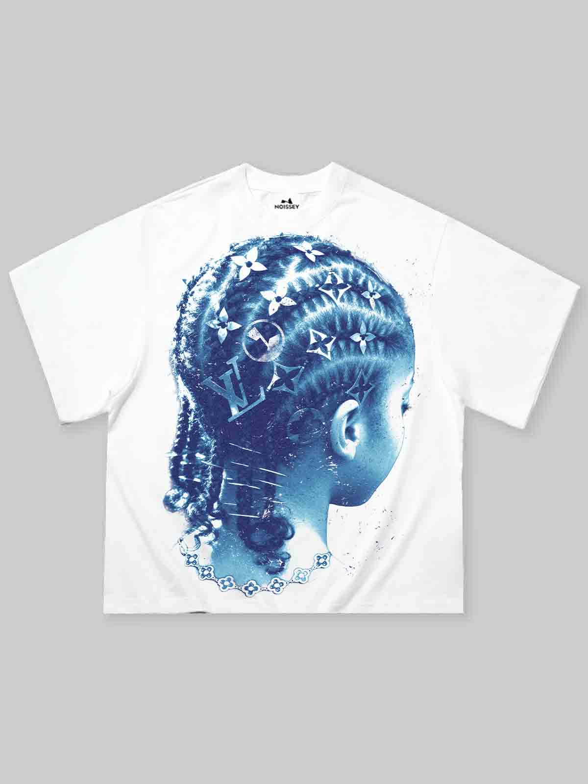 NOISSEY white cooling t-shirt featuring blue monogram braids portrait graphic