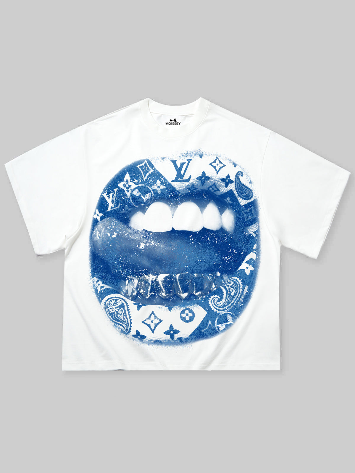 NOISSEY white cooling t-shirt featuring blue paisley lips and hustle grillz graphic